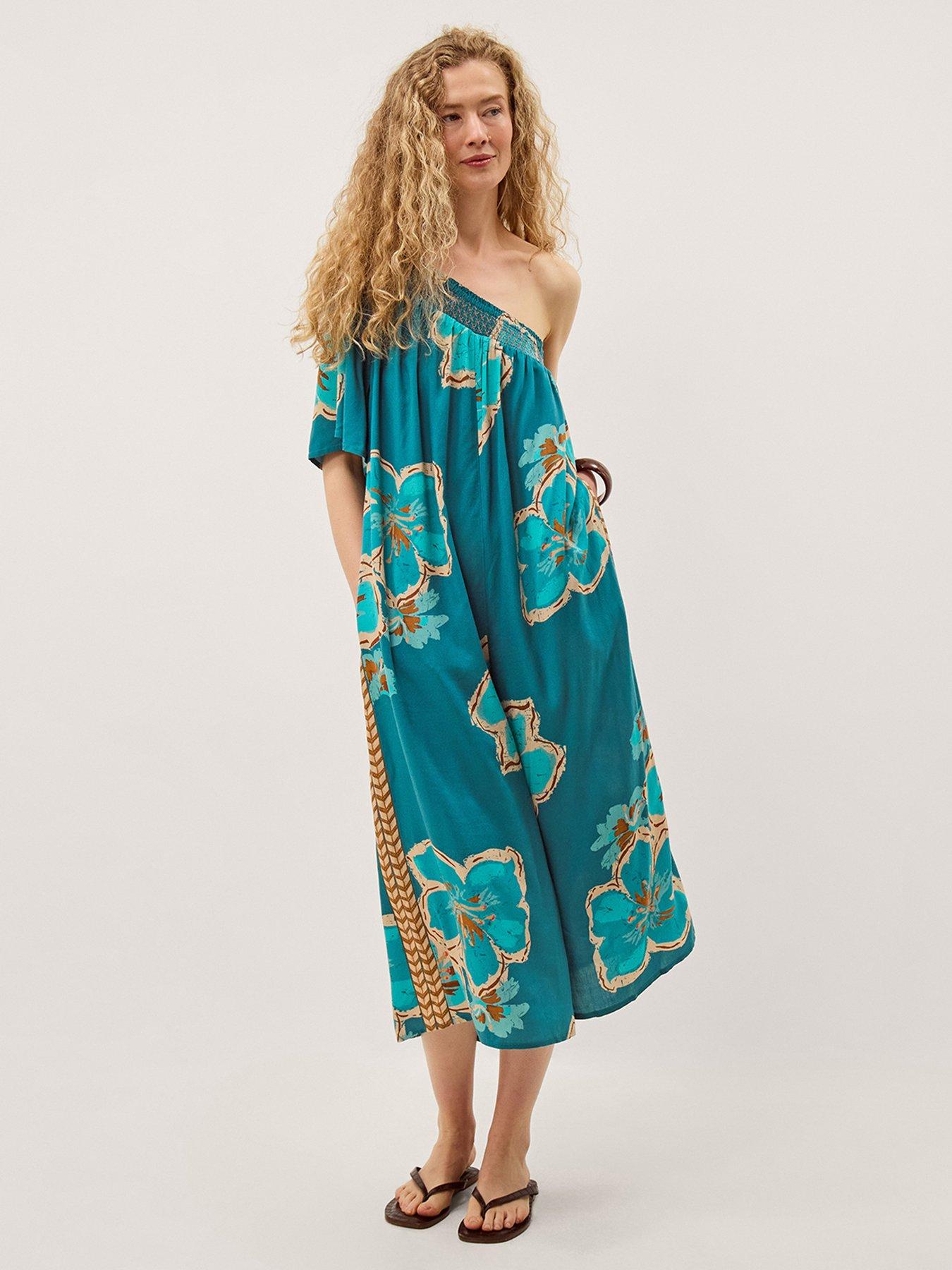 Monsoon Yasmin One-Shoulder Floral Jumpsuit - Teal