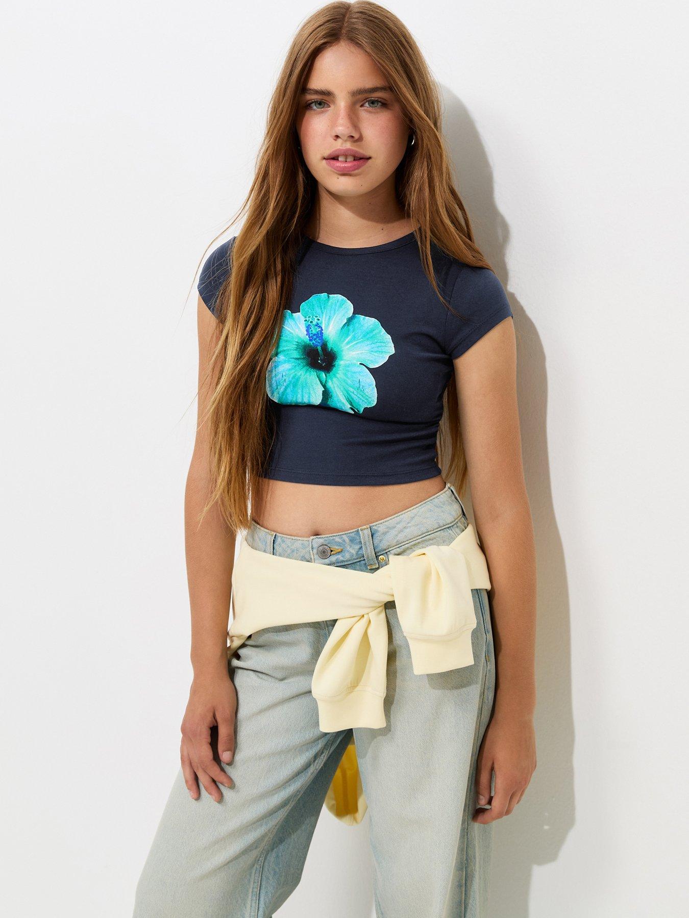 New Look 915 Girls Cotton Hibiscus Print Ruched Side Cropped T-Shirt - Navy