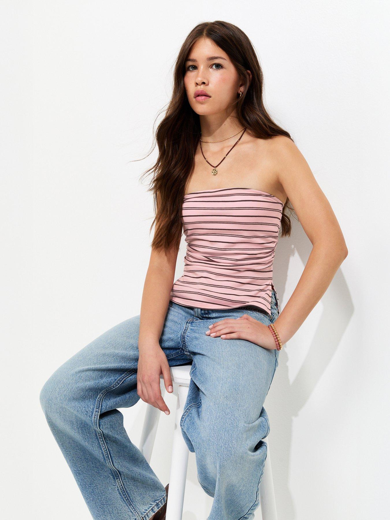 New Look 915 Girls Striped Jersey Bandeau Top - Pink