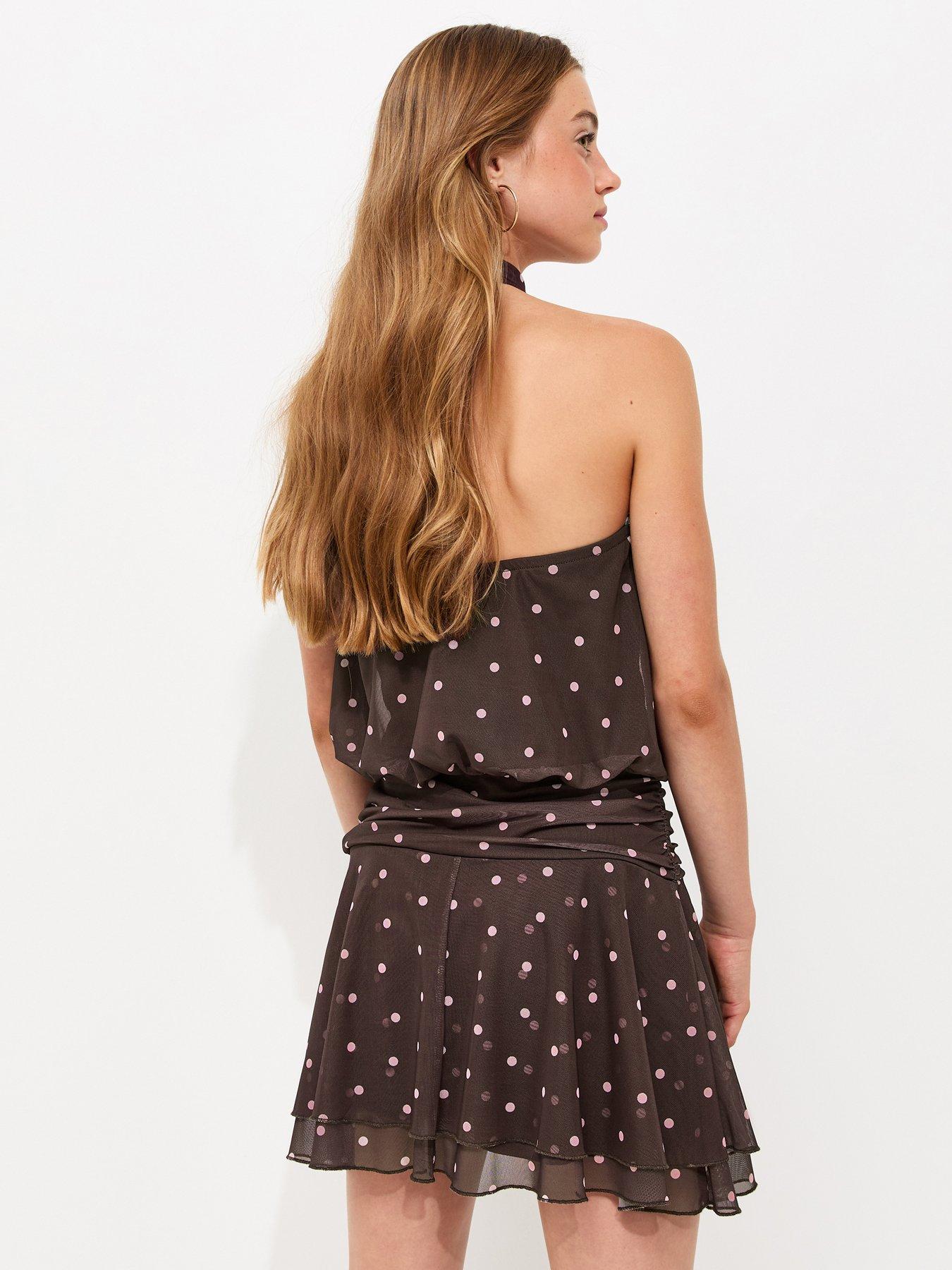 Image 2 of 5 of New Look 915 Girls Brown Mesh Polka Dot Halterneck Mini Dress - Brown