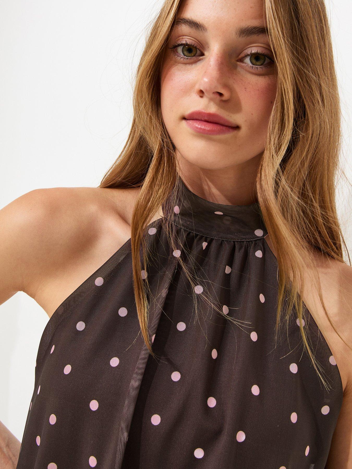 Image 4 of 5 of New Look 915 Girls Brown Mesh Polka Dot Halterneck Mini Dress - Brown