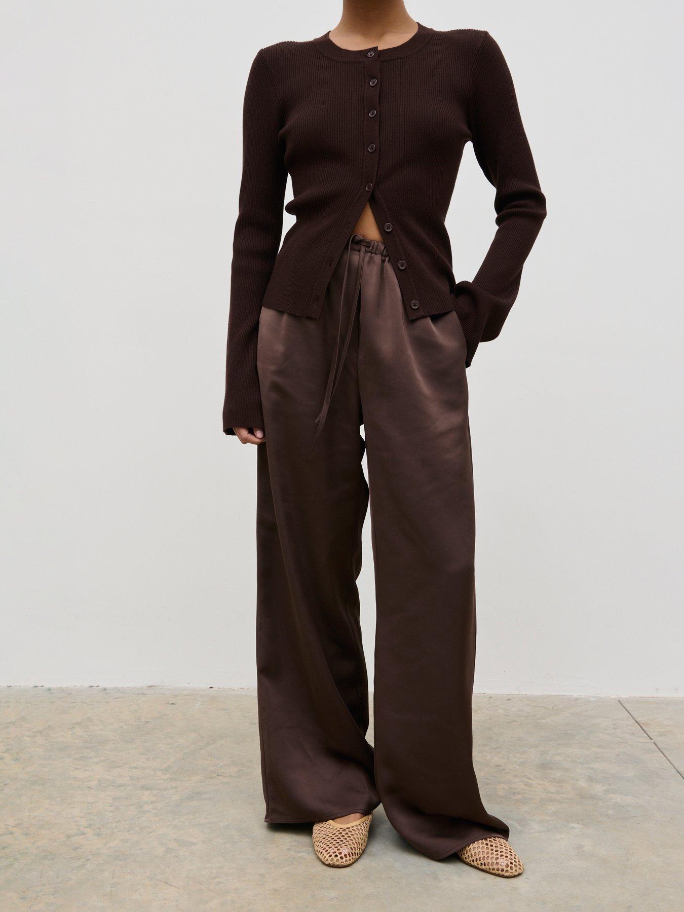 Image 1 of 4 of Pretty Lavish Breya Satin Drawstring Trousers - Brown