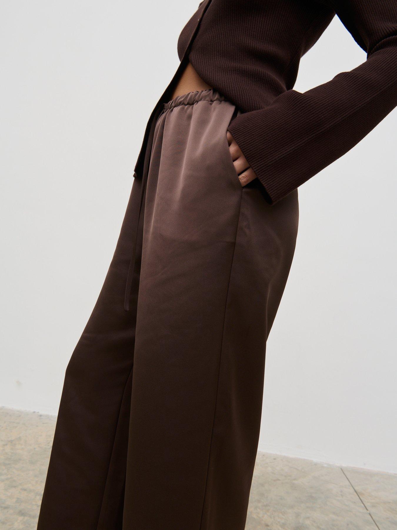 Image 3 of 4 of Pretty Lavish Breya Satin Drawstring Trousers - Brown
