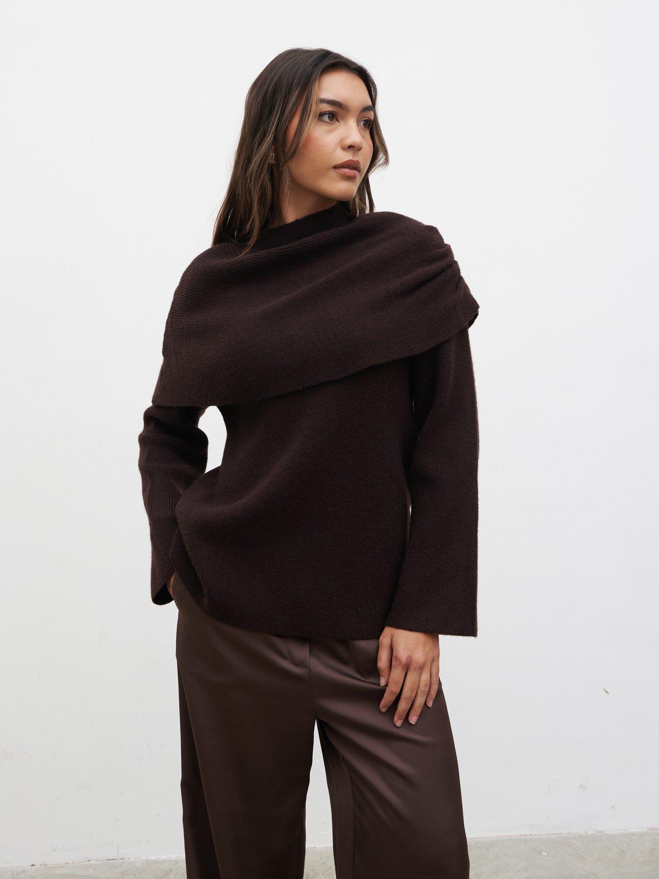 Image 1 of 4 of Pretty Lavish Tarla Exaggerated Drape Knit Jumper - Chocolate
