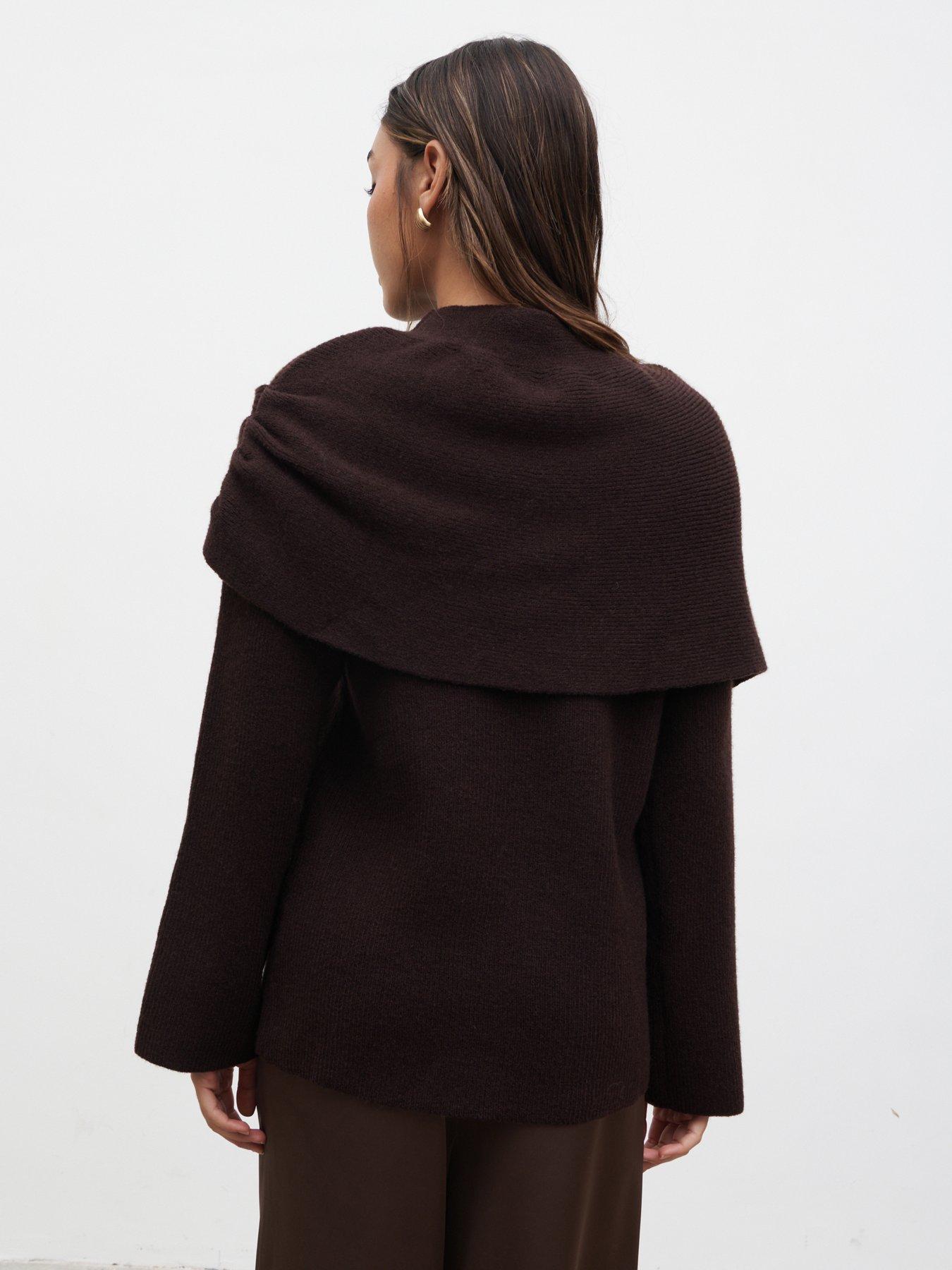 Image 2 of 4 of Pretty Lavish Tarla Exaggerated Drape Knit Jumper - Chocolate