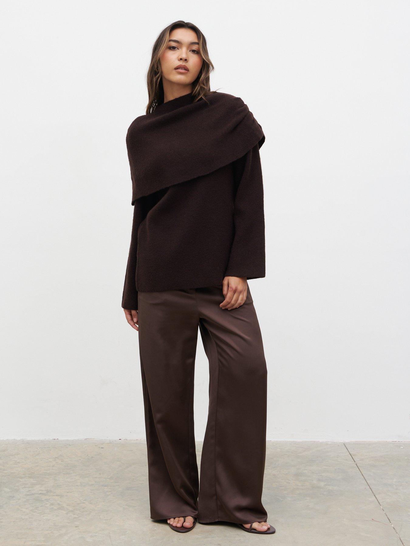 Image 3 of 4 of Pretty Lavish Tarla Exaggerated Drape Knit Jumper - Chocolate