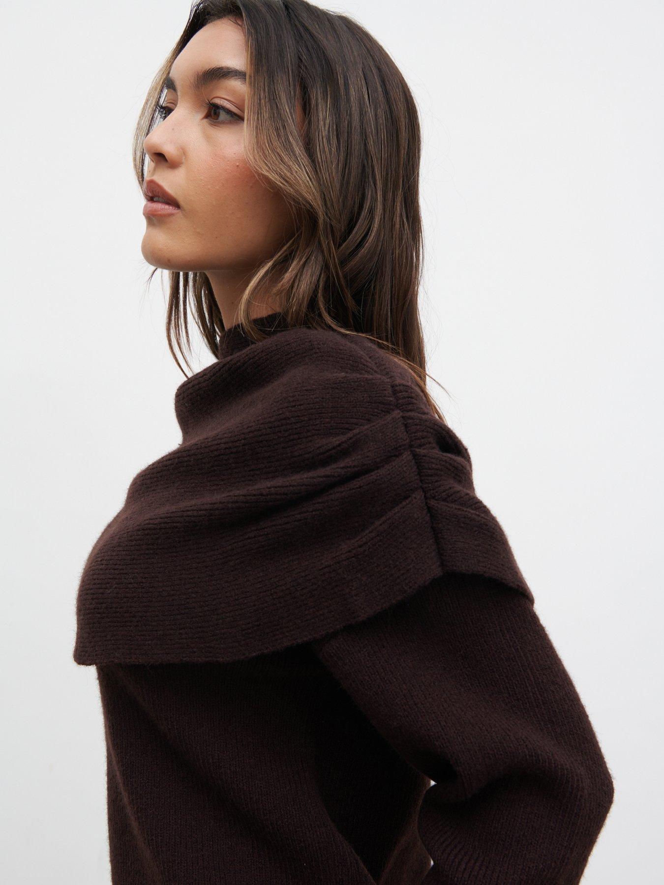 Image 4 of 4 of Pretty Lavish Tarla Exaggerated Drape Knit Jumper - Chocolate