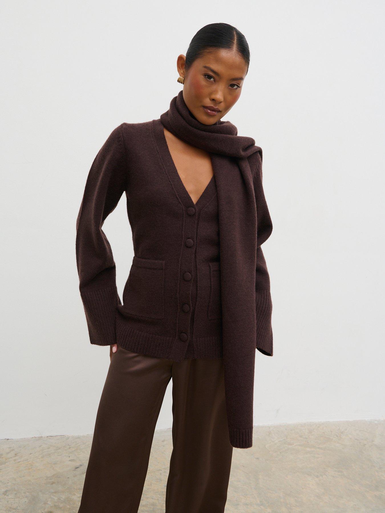 Image 1 of 5 of Pretty Lavish Florie Knit Cardigan with Matching Scarf - Brown