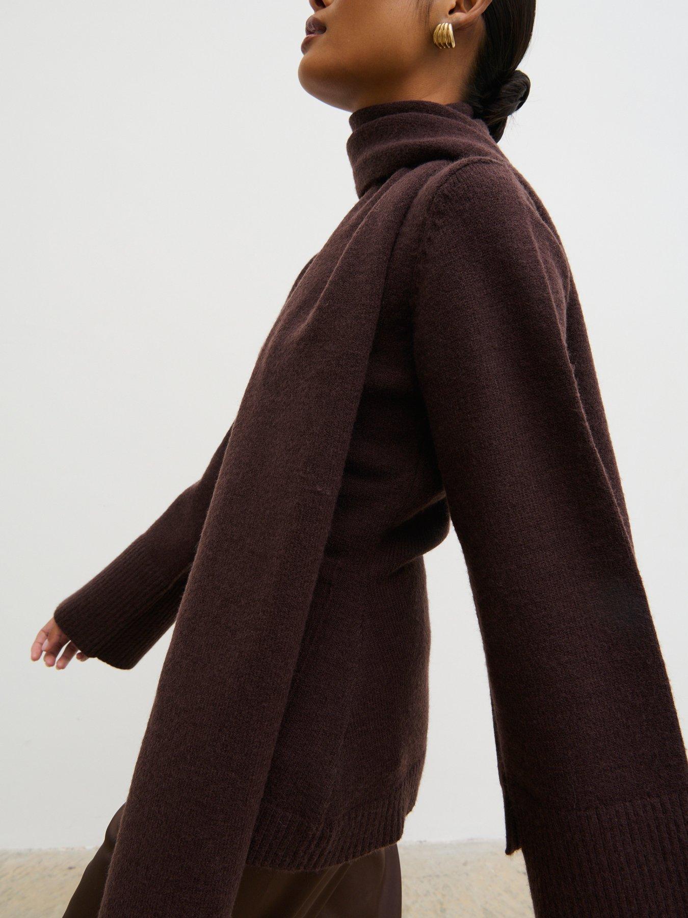Image 3 of 5 of Pretty Lavish Florie Knit Cardigan with Matching Scarf - Brown