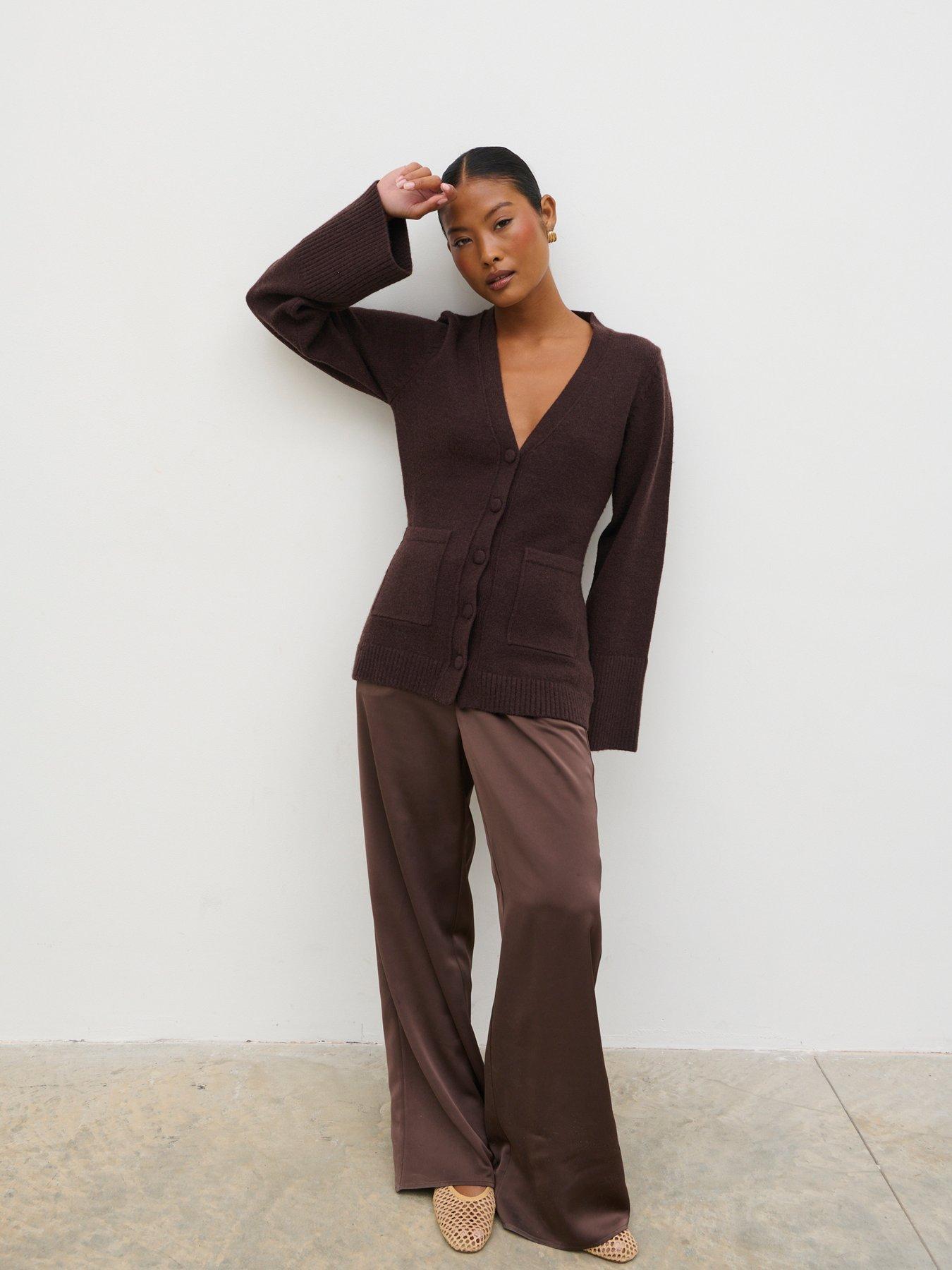 Image 4 of 5 of Pretty Lavish Florie Knit Cardigan with Matching Scarf - Brown