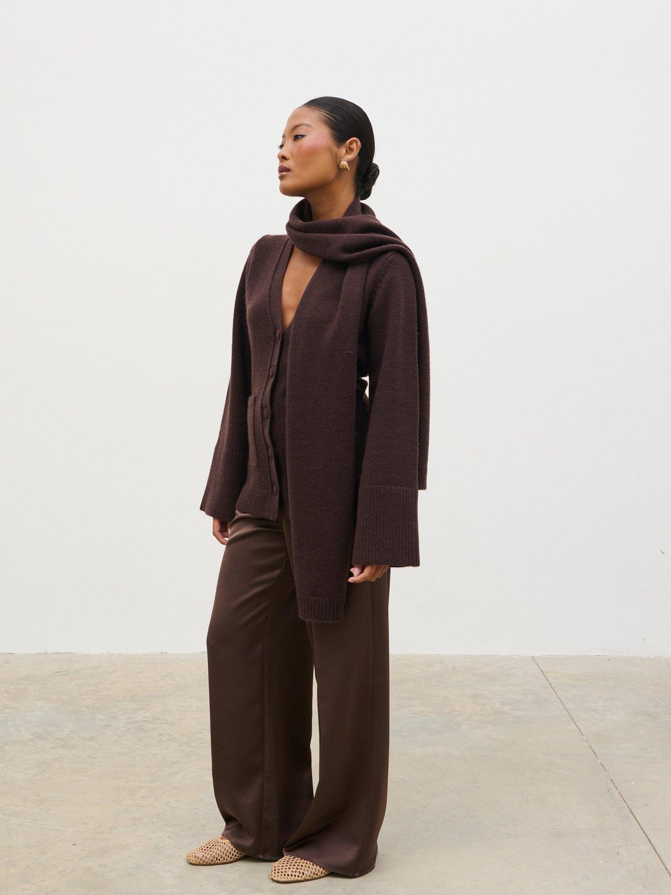 Image 5 of 5 of Pretty Lavish Florie Knit Cardigan with Matching Scarf - Brown