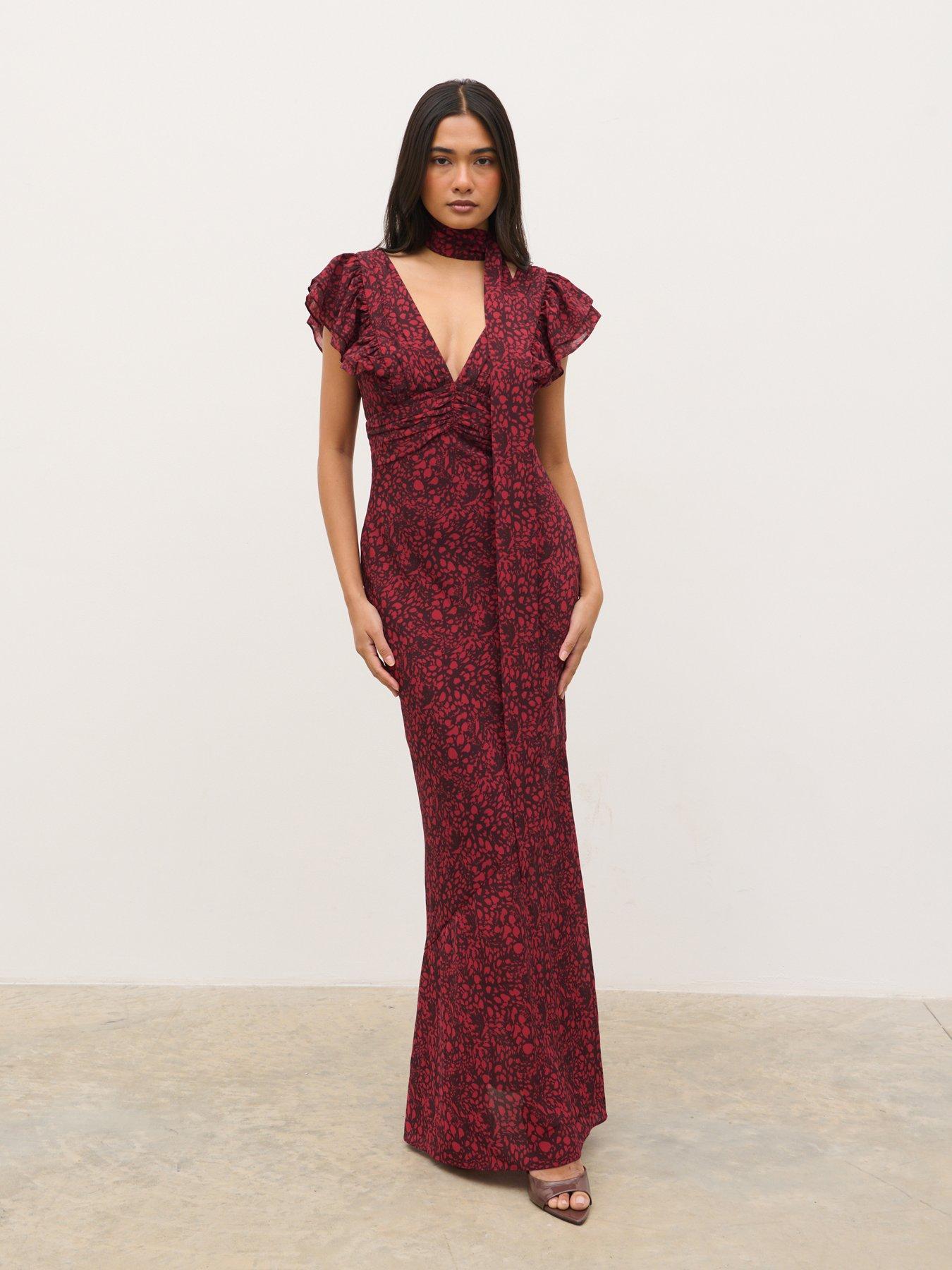 Pretty Lavish Andi V-Neck Frill Leopard Print Maxi Dress - Red