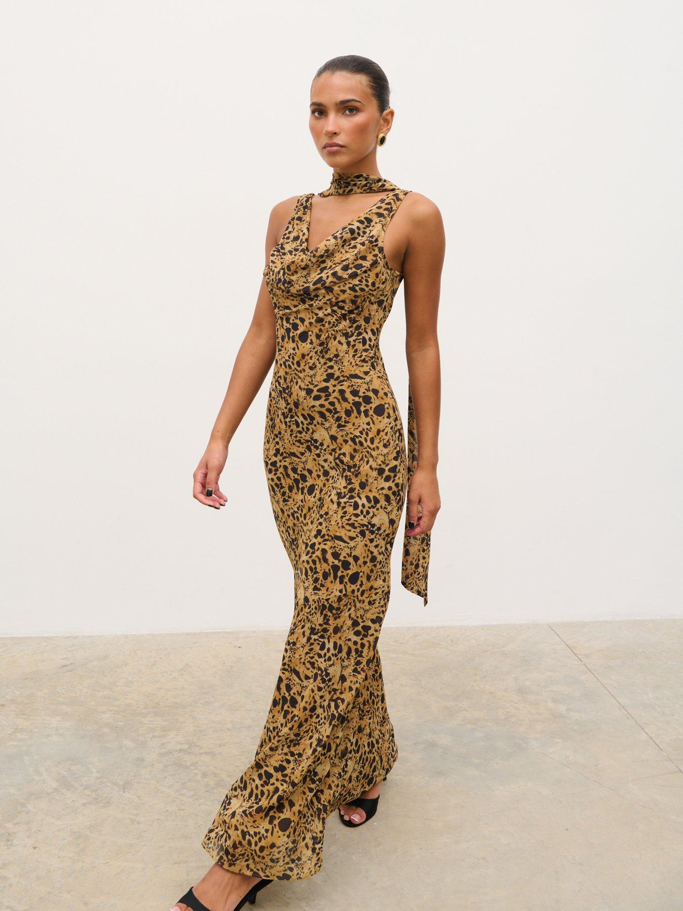 Pretty Lavish Arden High Cowl Scarf Leopard Print Maxi Dress - Brown