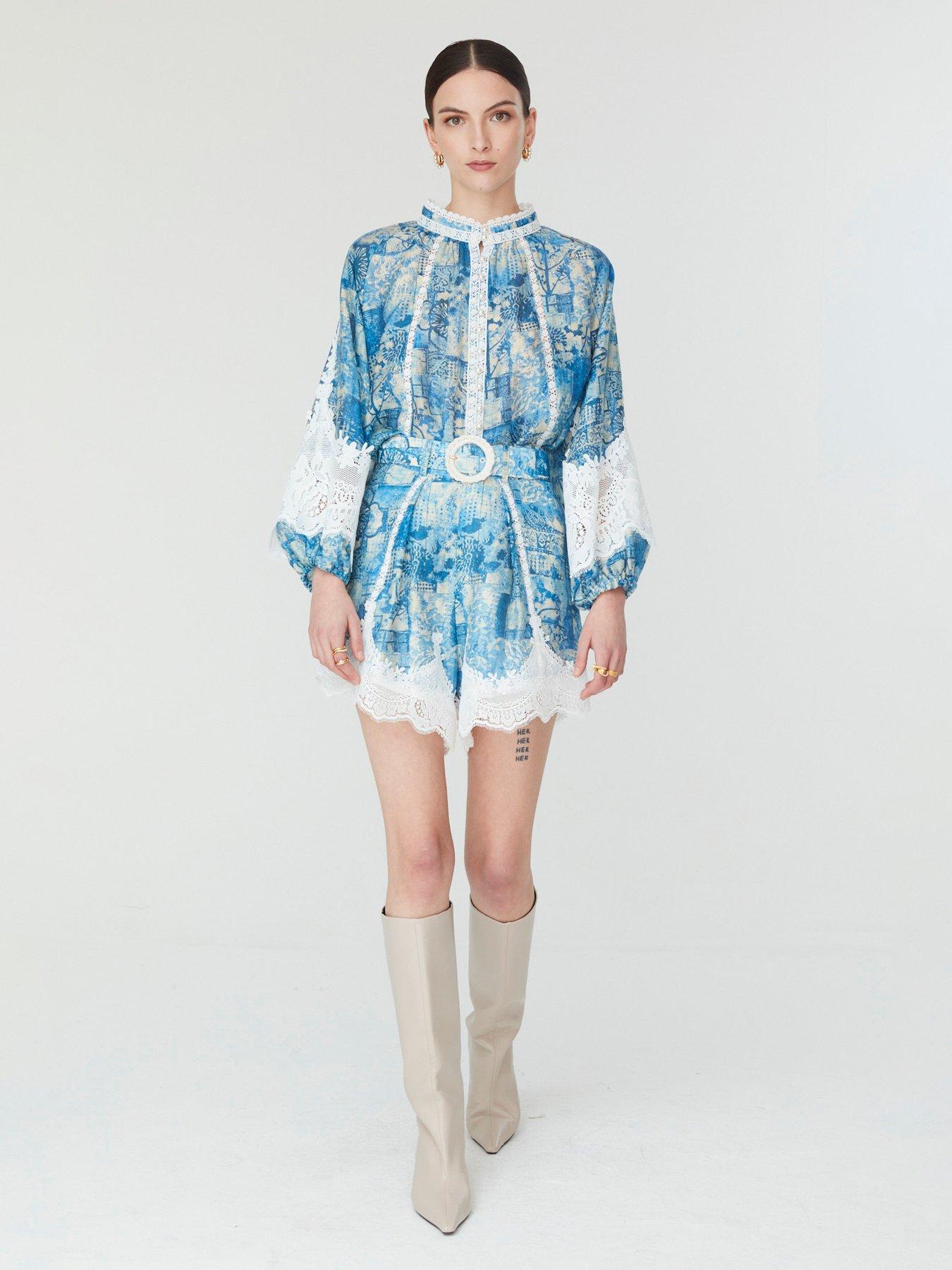 Jovonna London Sia Women's Printed Lace Trim Belted Shorts - Blue