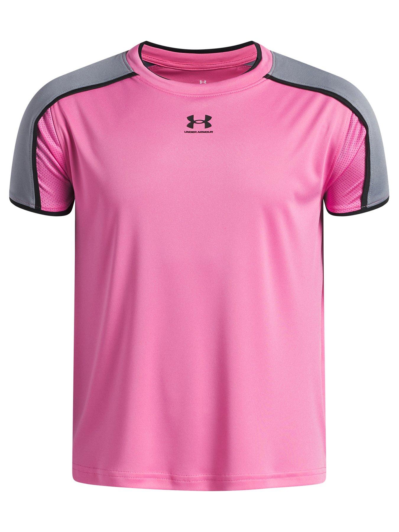 UNDER ARMOUR Junior Boys' Challenger Training Short Sleeve T-Shirt - Pink Frenzy/Titan Gray/Black