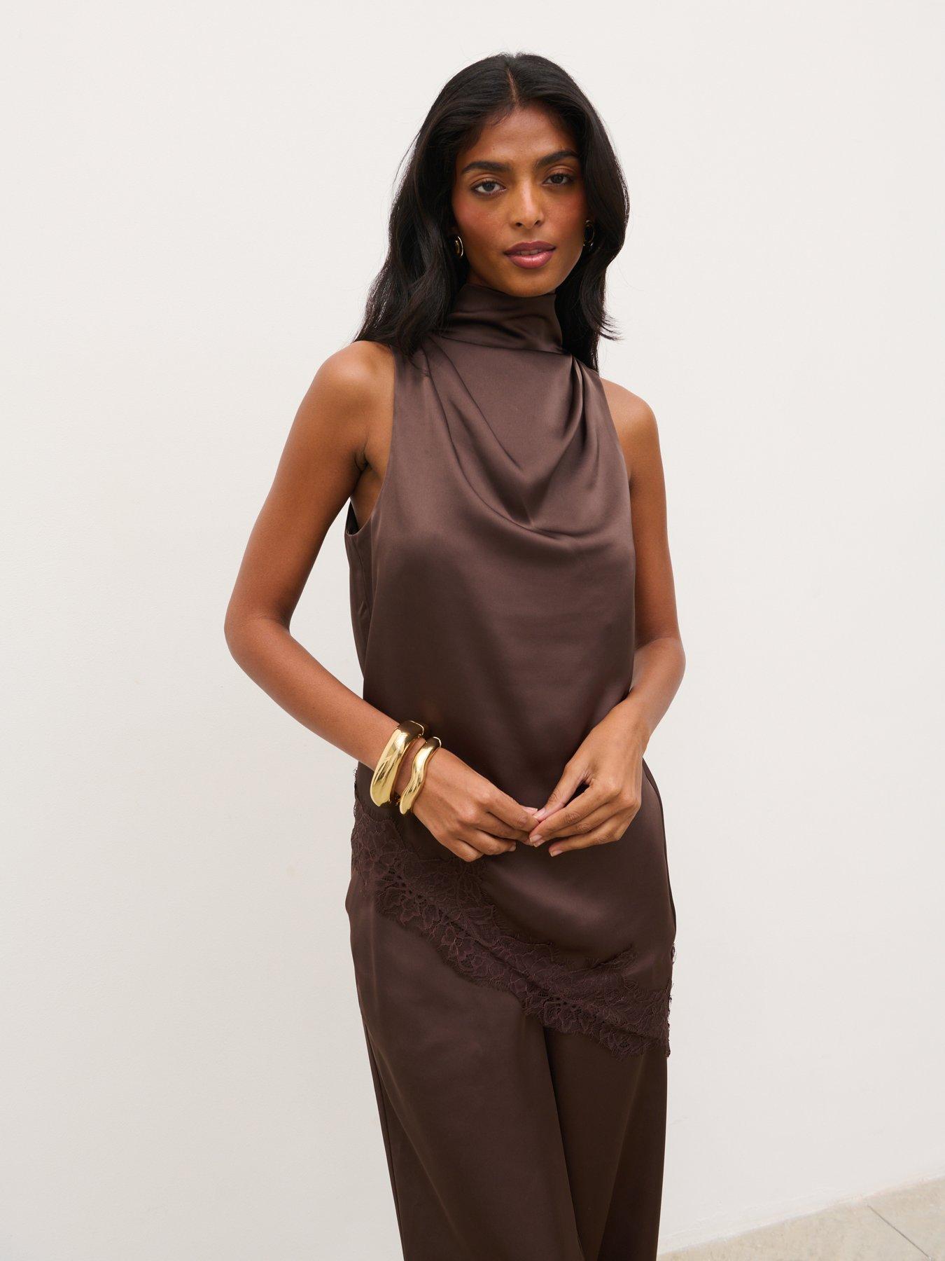 Pretty Lavish Breya Cowl Racer Top - Lace - Chocolate Brown