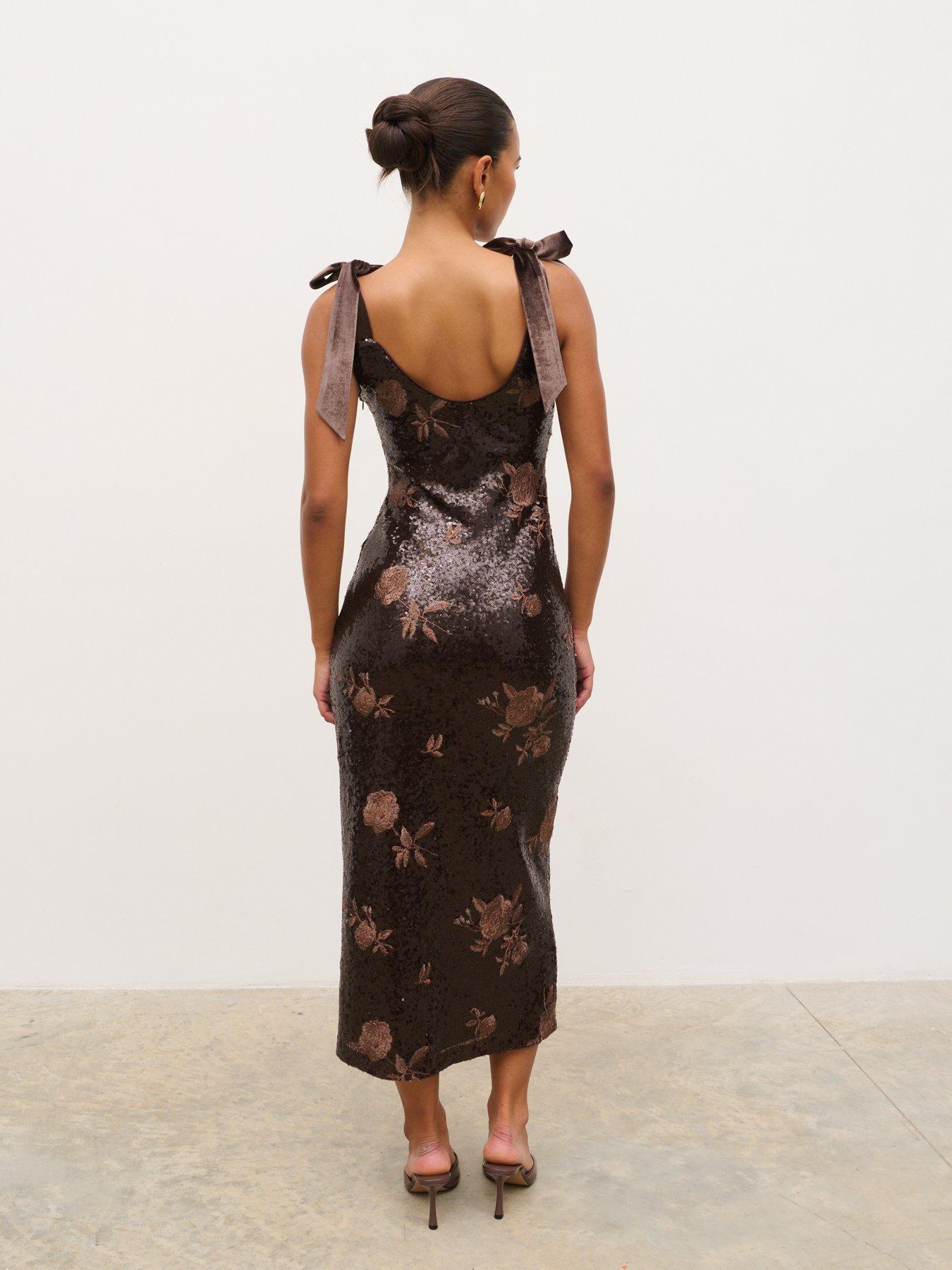 Image 2 of 5 of Pretty Lavish Romy Floral Sequin Midaxi Dress - Brown