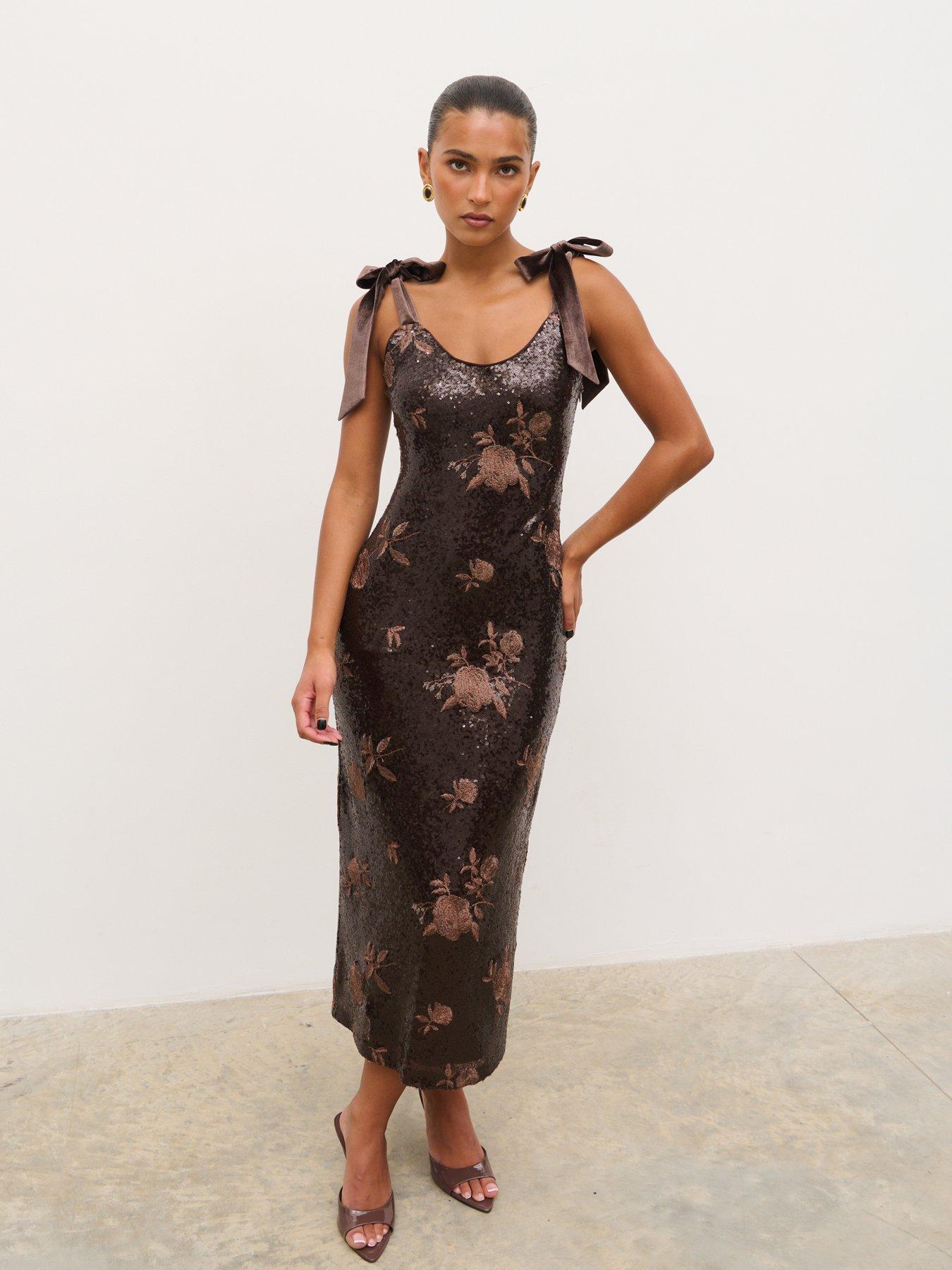 Image 3 of 5 of Pretty Lavish Romy Floral Sequin Midaxi Dress - Brown