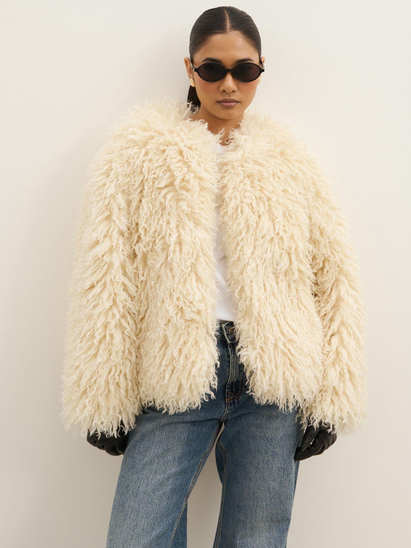 Image 3 of 5 of Pretty Lavish Womens Irie Shaggy Faux Fur Open Front Coat - Cream