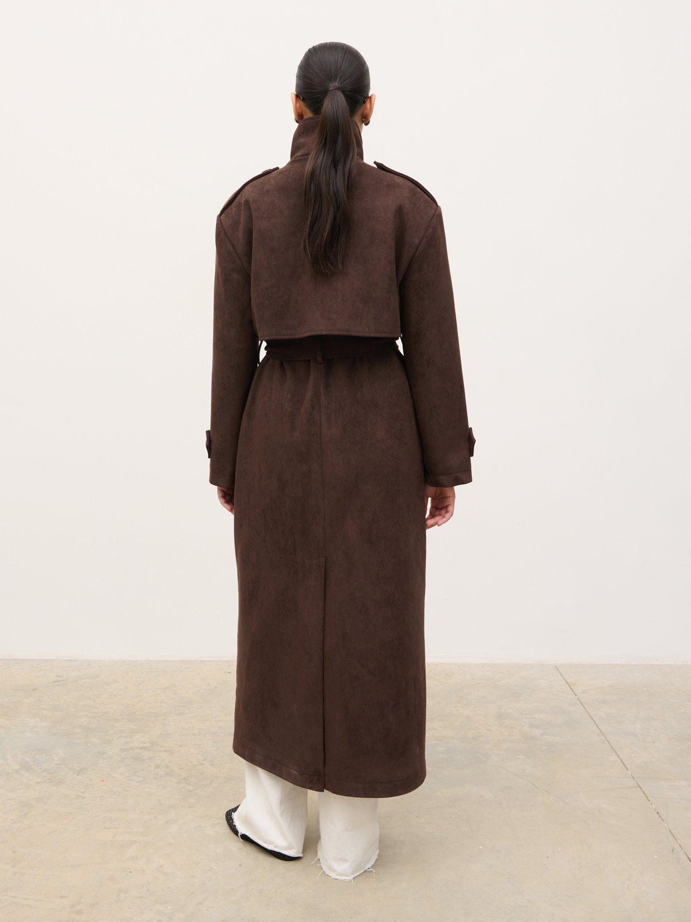 Image 2 of 5 of Pretty Lavish Leah Faux Suede Funnel Neck Trench - Chocolate