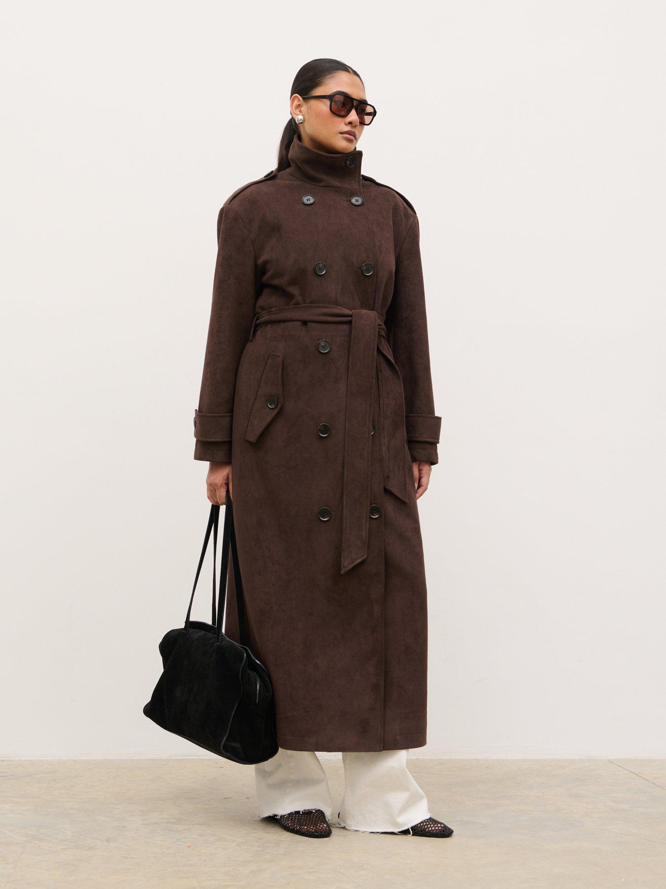 Image 3 of 5 of Pretty Lavish Leah Faux Suede Funnel Neck Trench - Chocolate