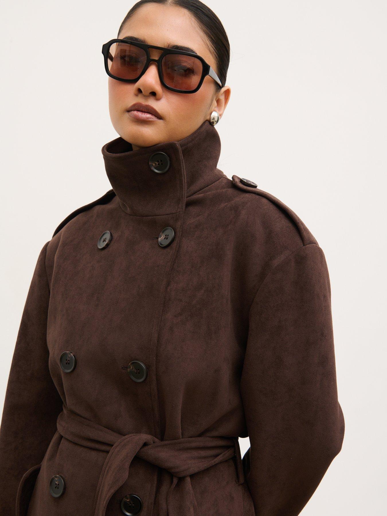 Image 4 of 5 of Pretty Lavish Leah Faux Suede Funnel Neck Trench - Chocolate