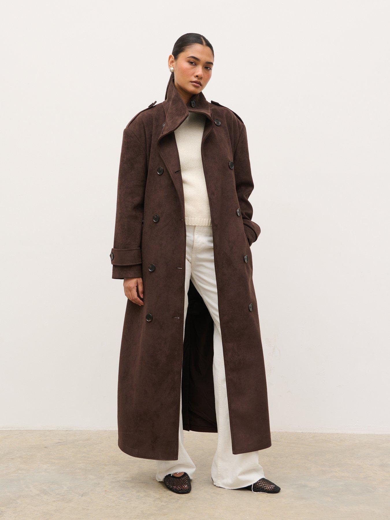 Image 5 of 5 of Pretty Lavish Leah Faux Suede Funnel Neck Trench - Chocolate