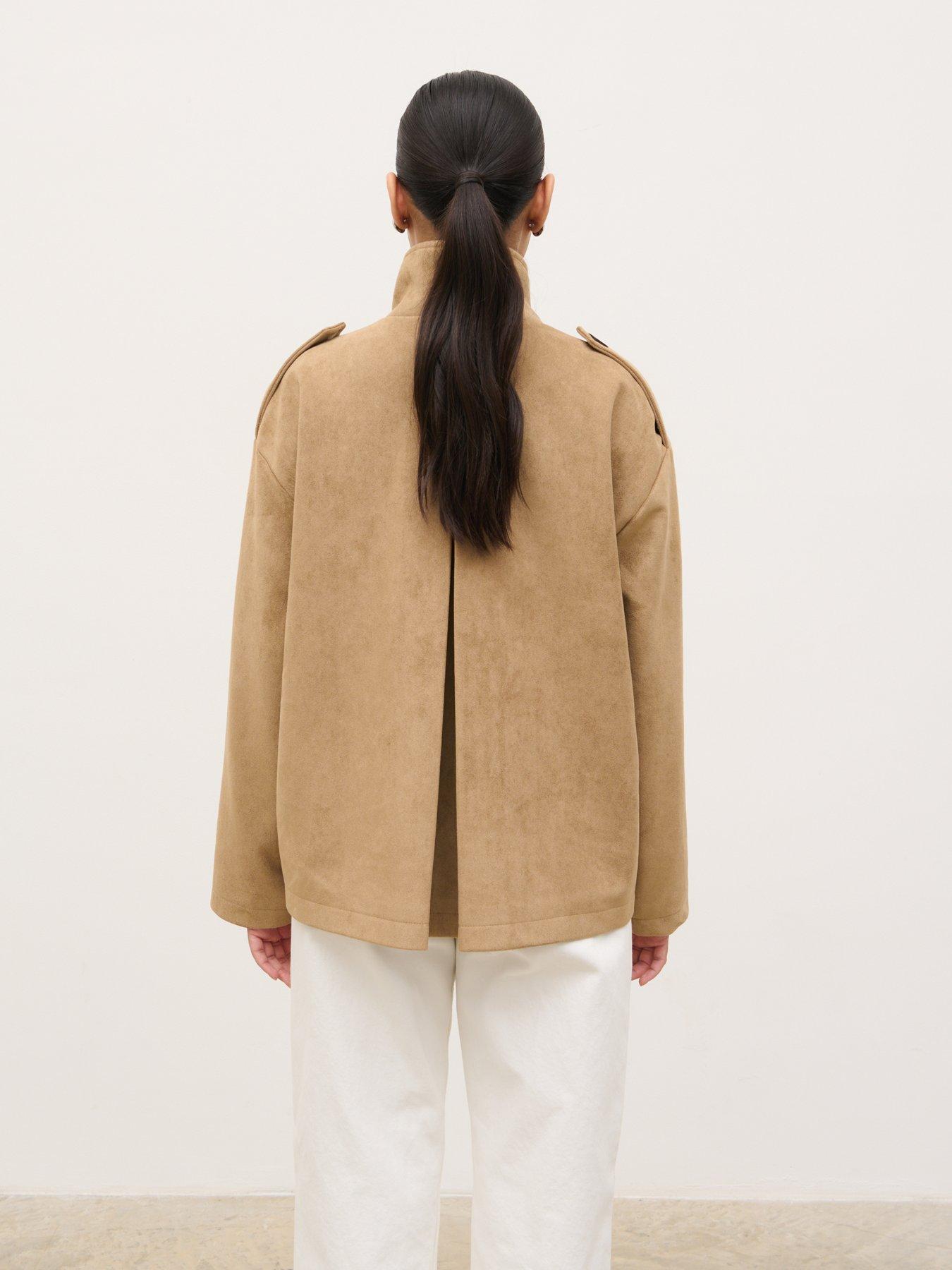 Image 2 of 4 of Pretty Lavish Sophie Faux Suede Funnel Neck Jacket - Taupe