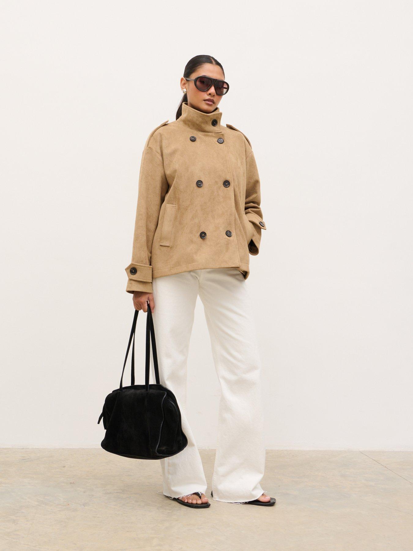 Image 3 of 4 of Pretty Lavish Sophie Faux Suede Funnel Neck Jacket - Taupe
