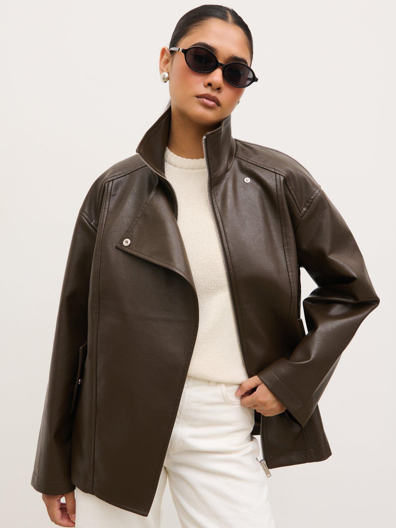 Image 1 of 5 of Pretty Lavish Lyla Faux Leather Bomber - Chocolate