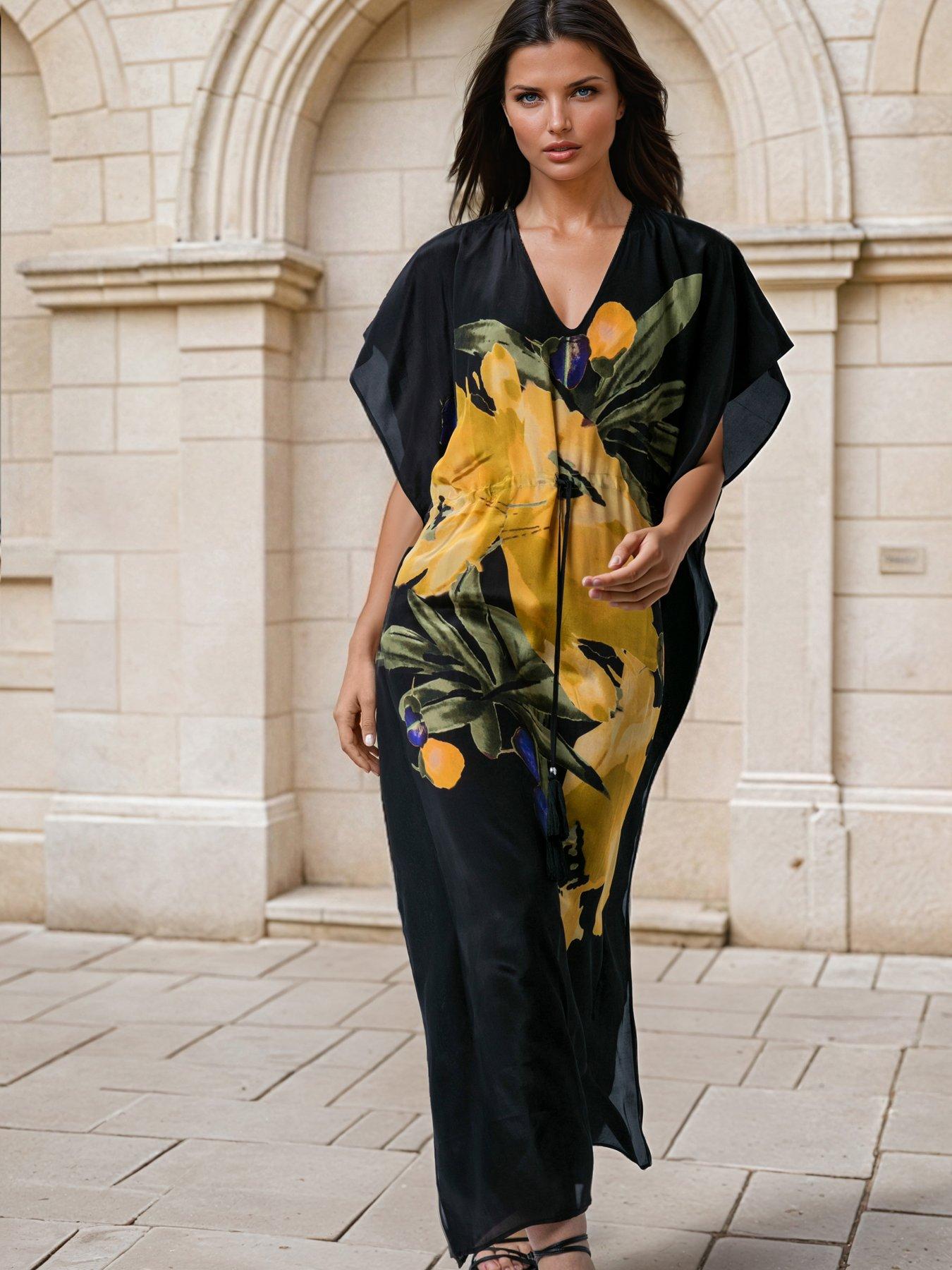 Religion Large Floral Prime Print Elina Maxi Kaftan - Yellow