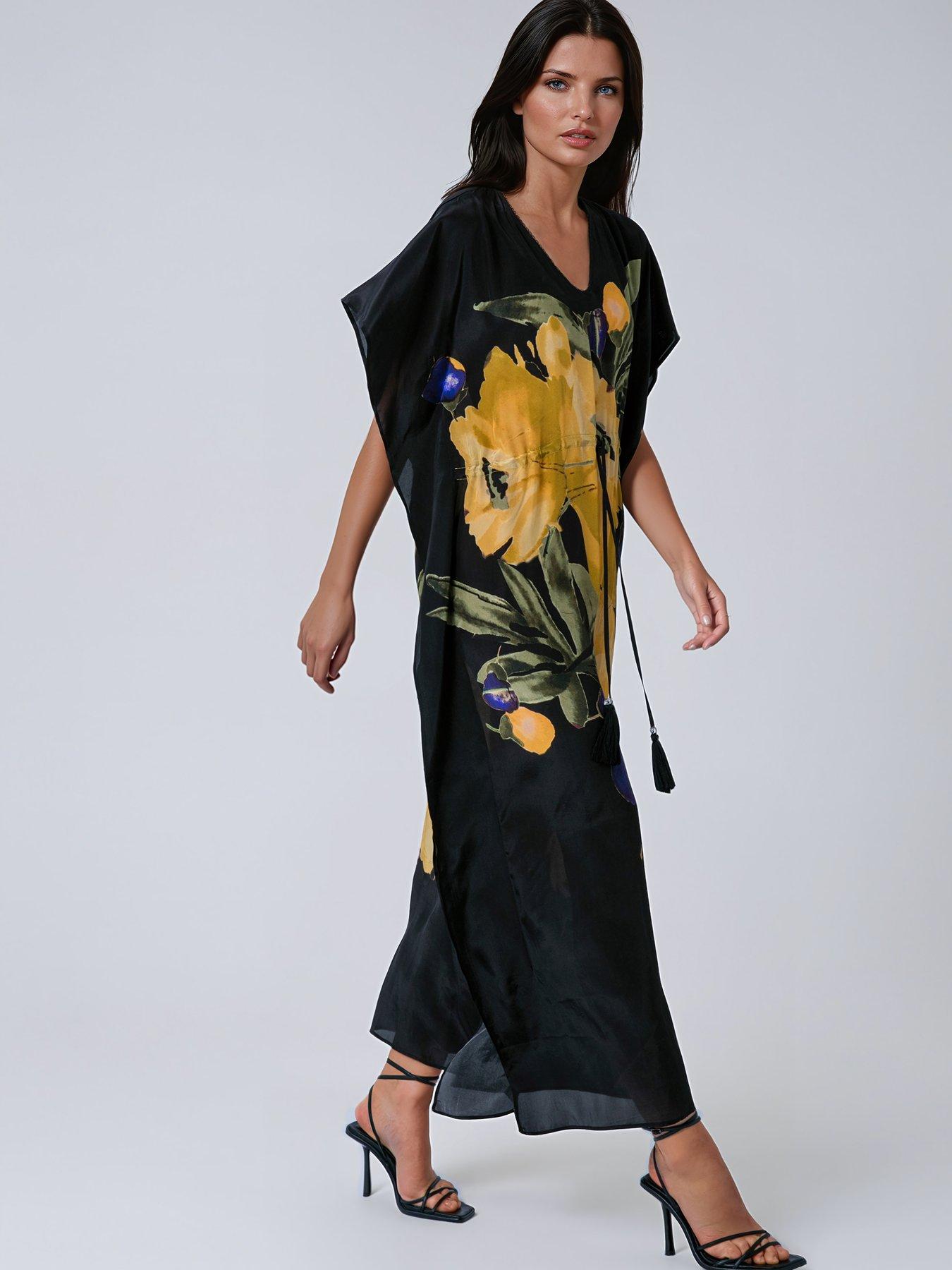 Image 3 of 7 of Religion Large Floral Prime Print Elina Maxi Kaftan - Yellow