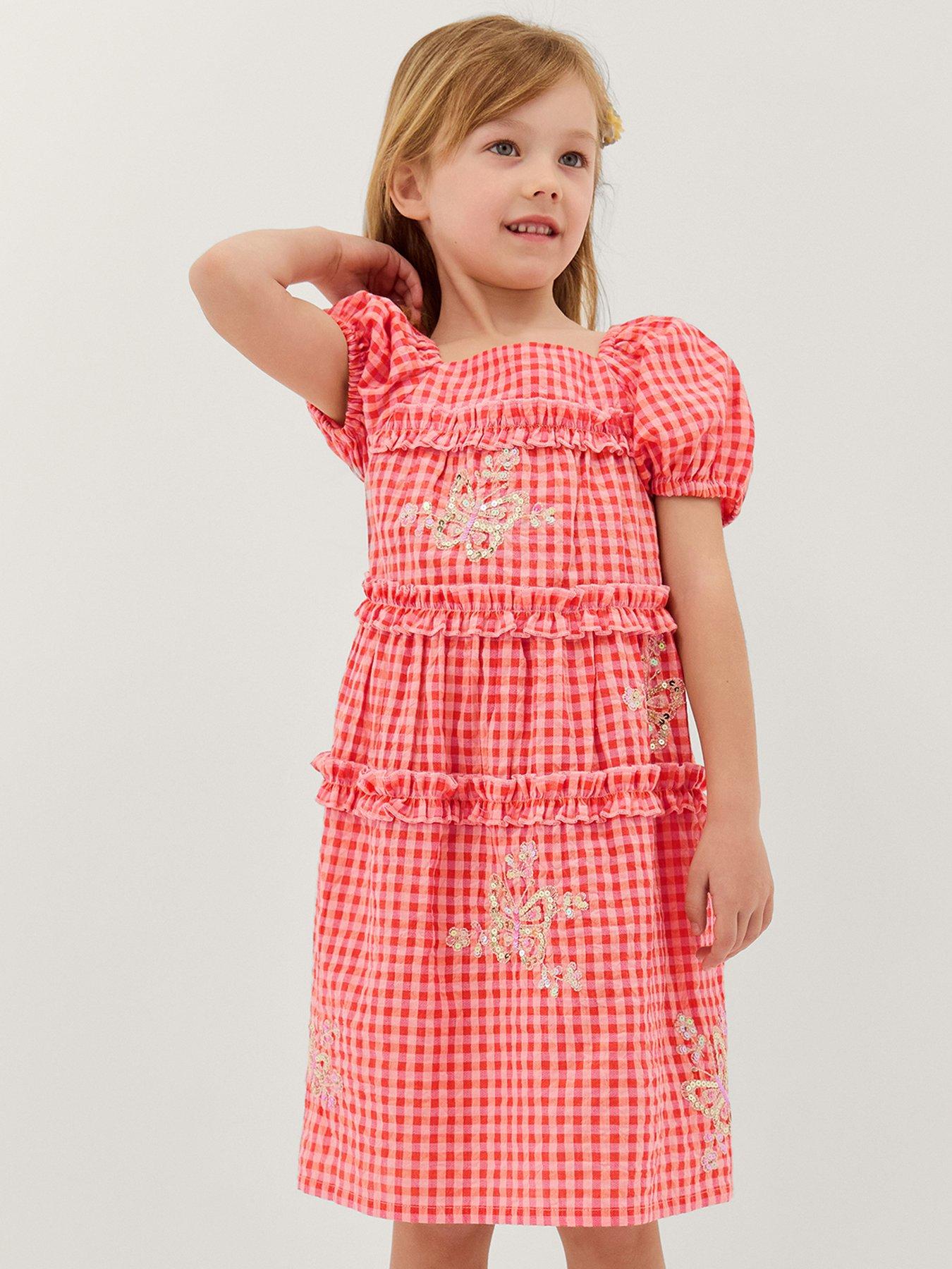 Monsoon Girls Gingham Butterfly Embroidered Dress - Pink