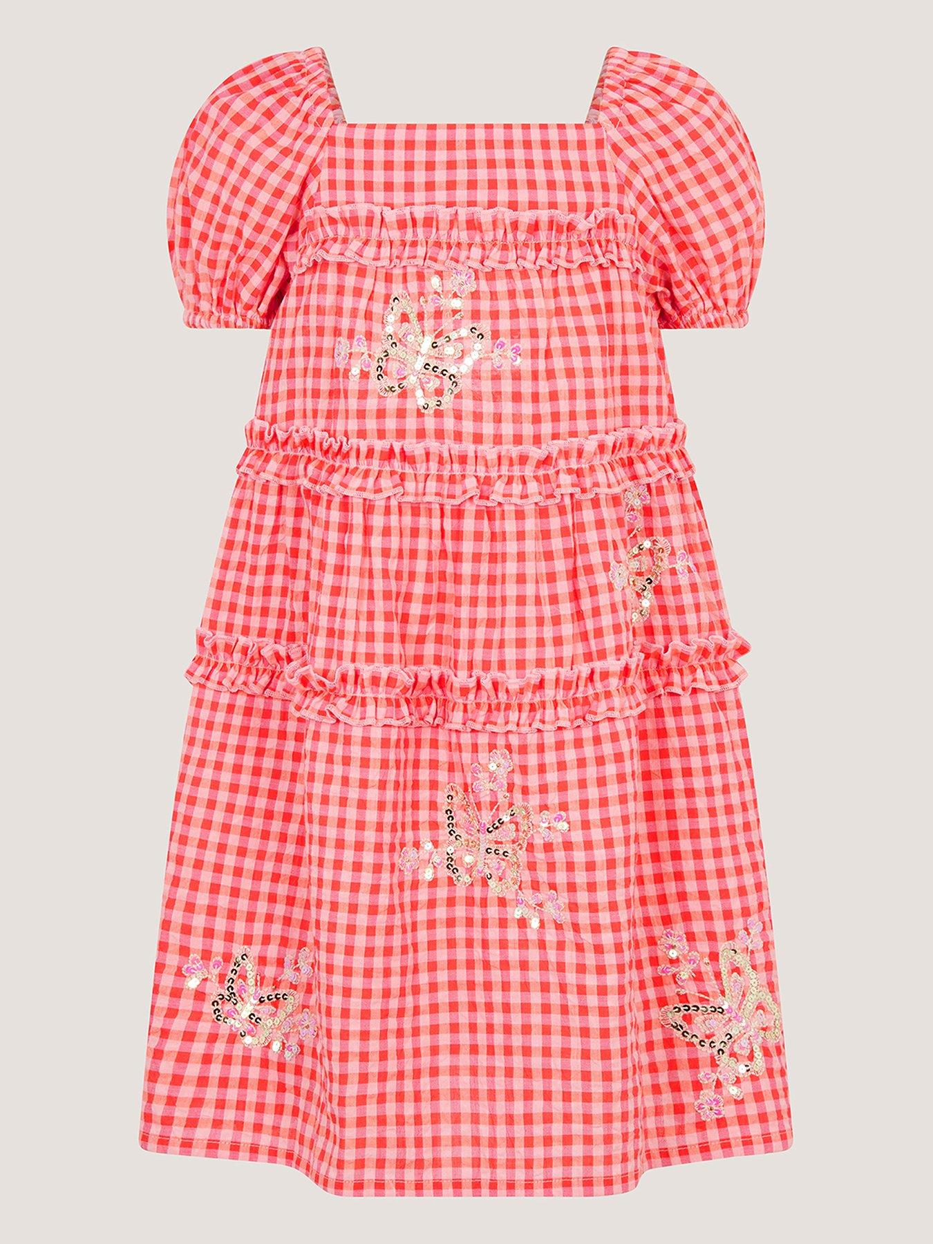 Image 2 of 4 of Monsoon Girls Gingham Butterfly Embroidered Dress - Pink