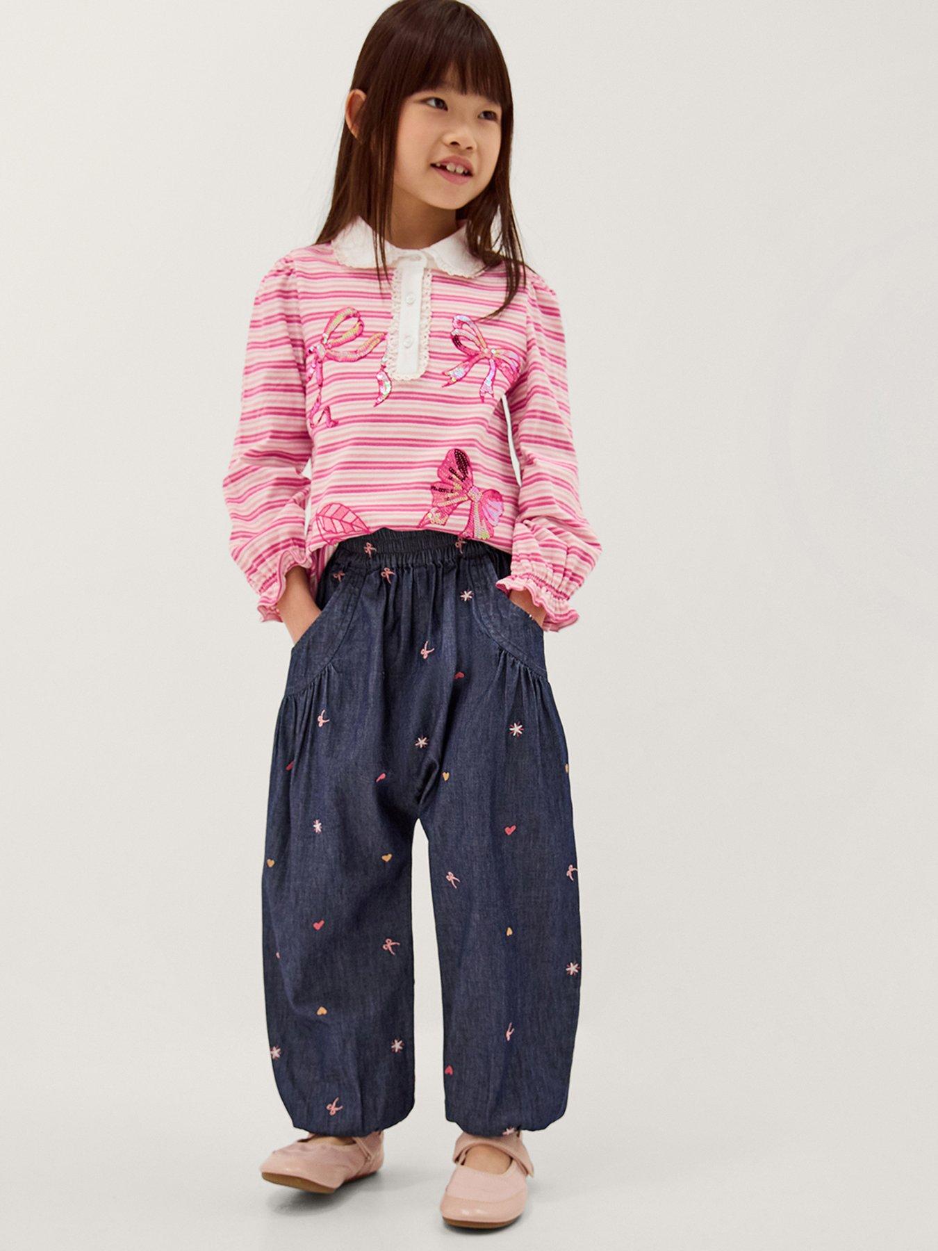 Monsoon Girls Chambray Cuffed Embroidered Hareem Trousers - Blue