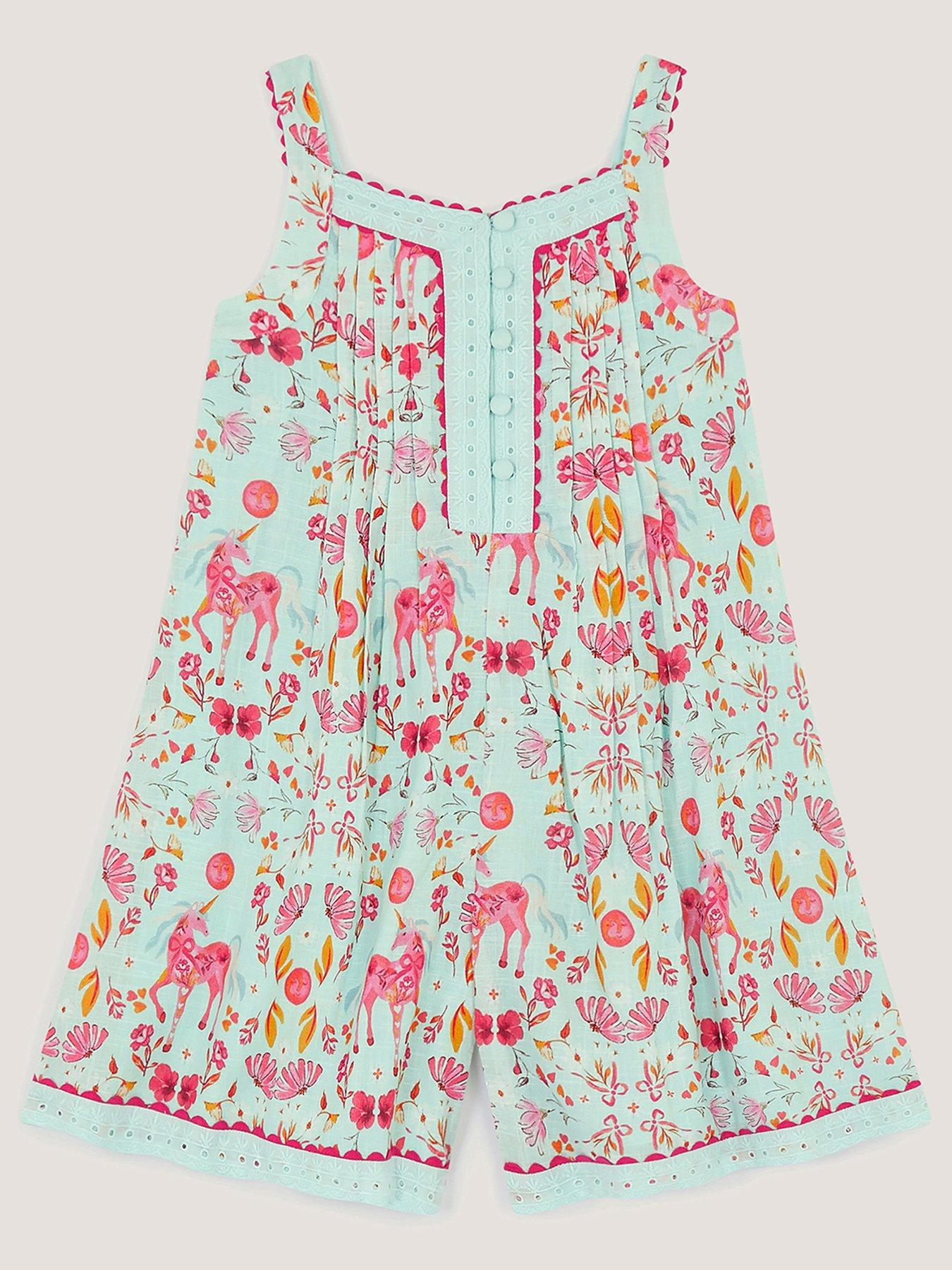 Image 2 of 4 of Monsoon Girls Horse Print Slub Playsuit - Blue