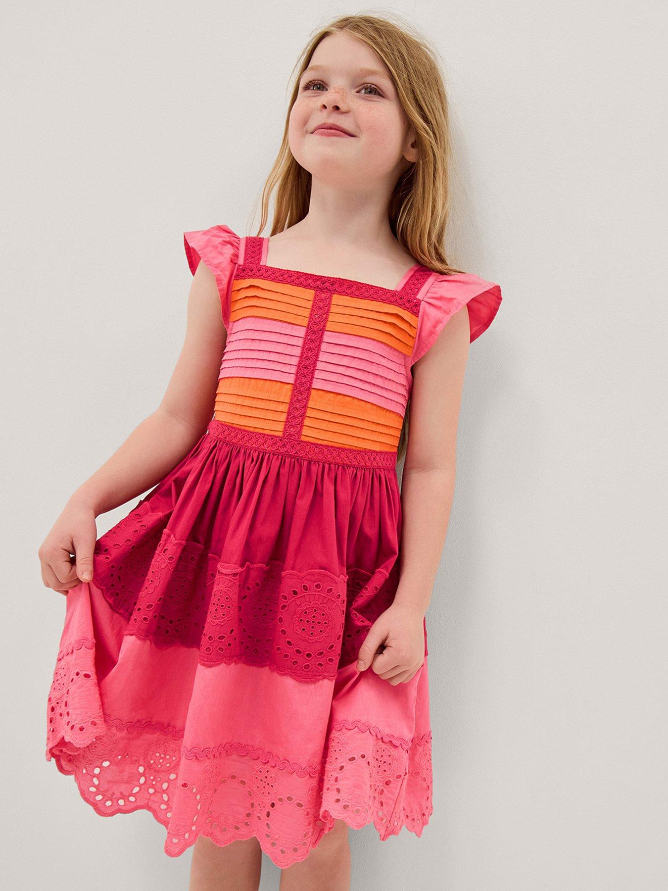 Monsoon Girls Colour Block Poplin Broderie Dress - Pink