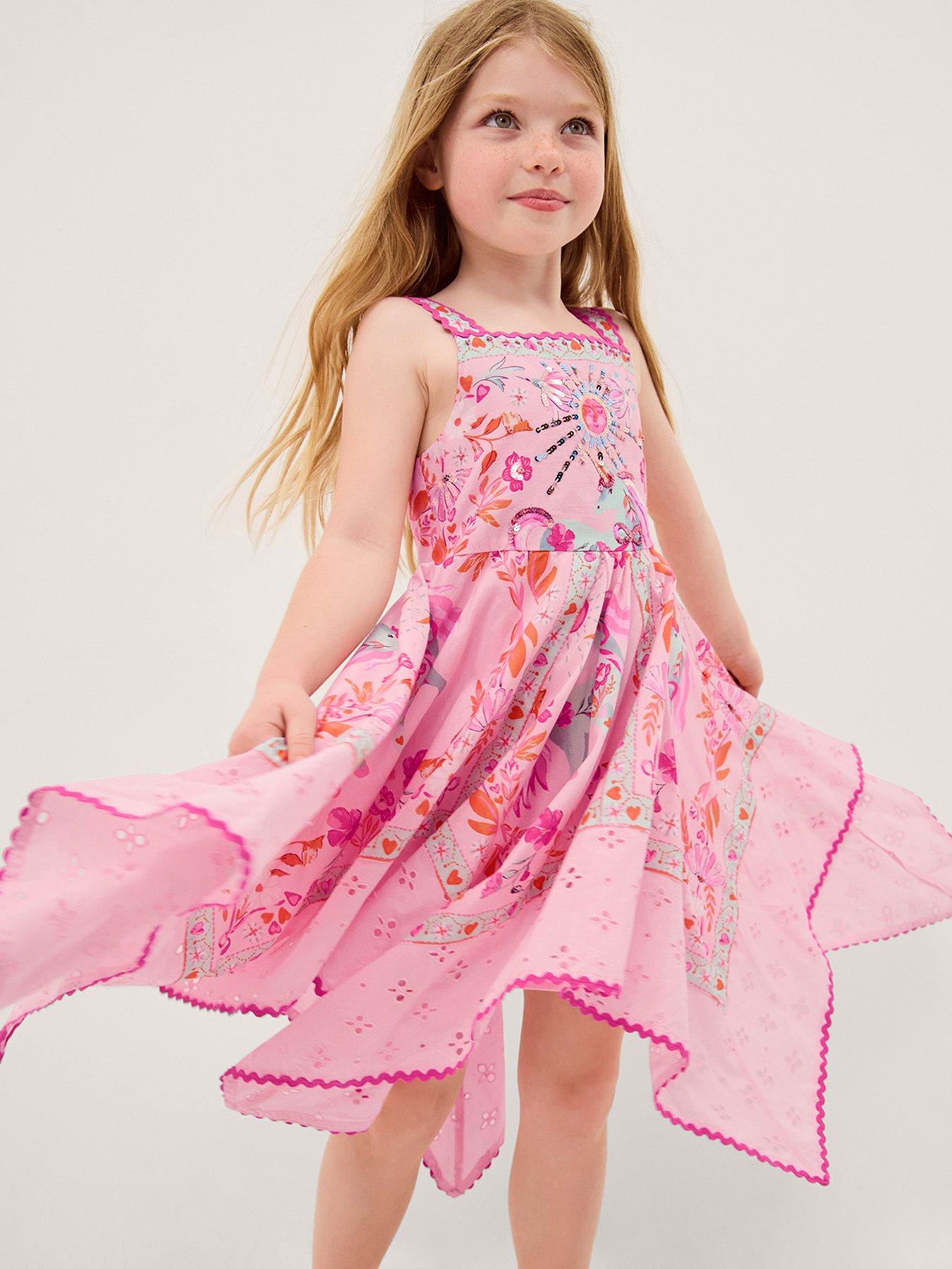 Monsoon Girls Summer Solistice Printed Hankey Hem Dress - Pink