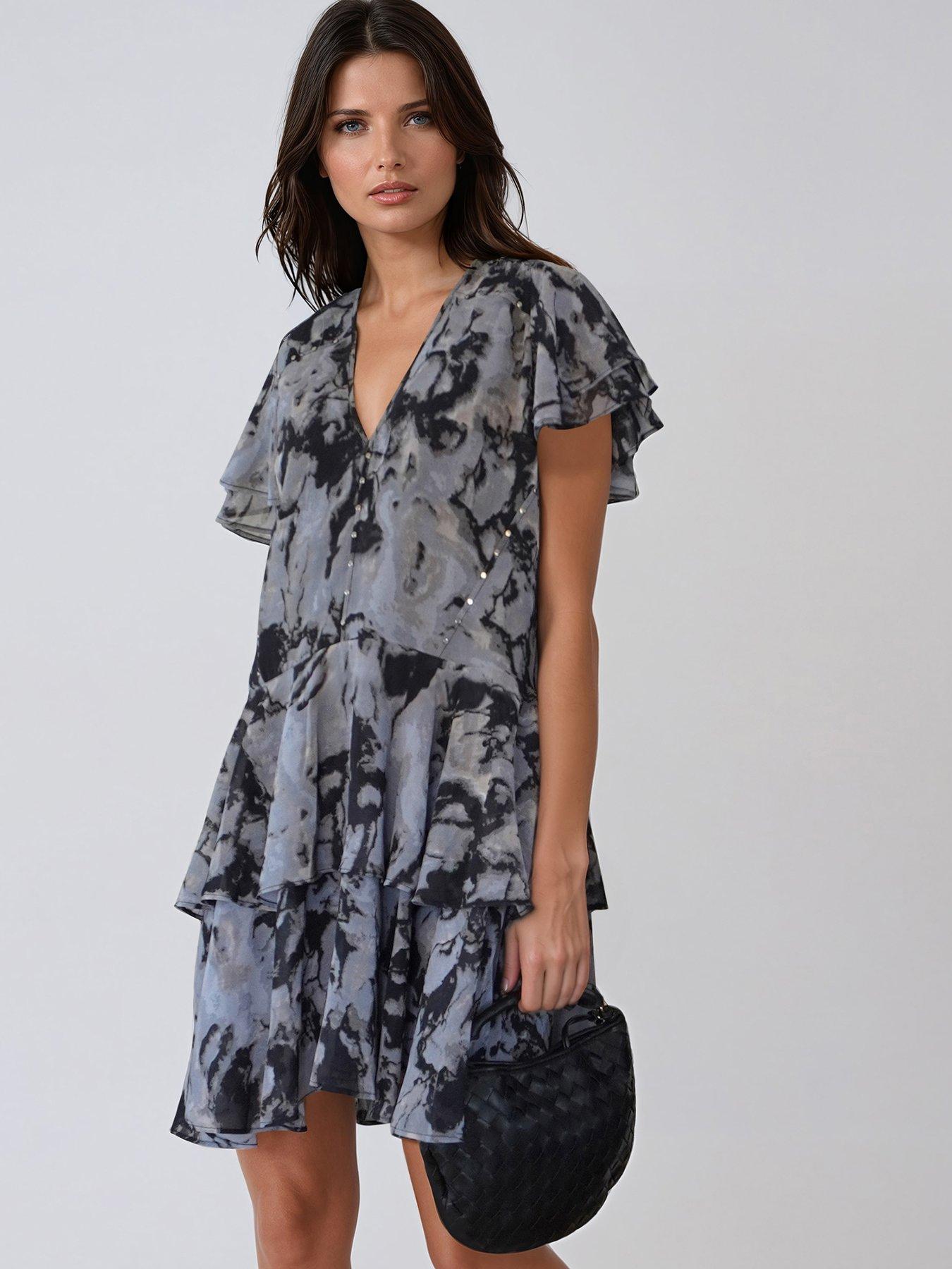 Religion Abstract Print Tiered Dress - Grey