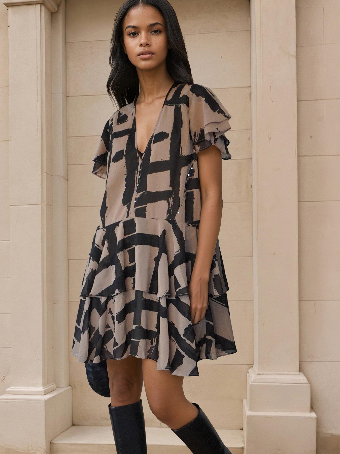 Religion Abstract Print Tiered Dress - Brown