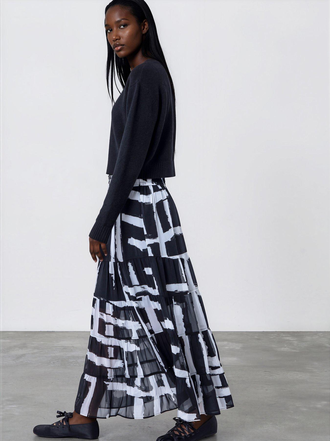 Religion Abstract Selvage Print Tiered Citrine Maxi Skirt - Black