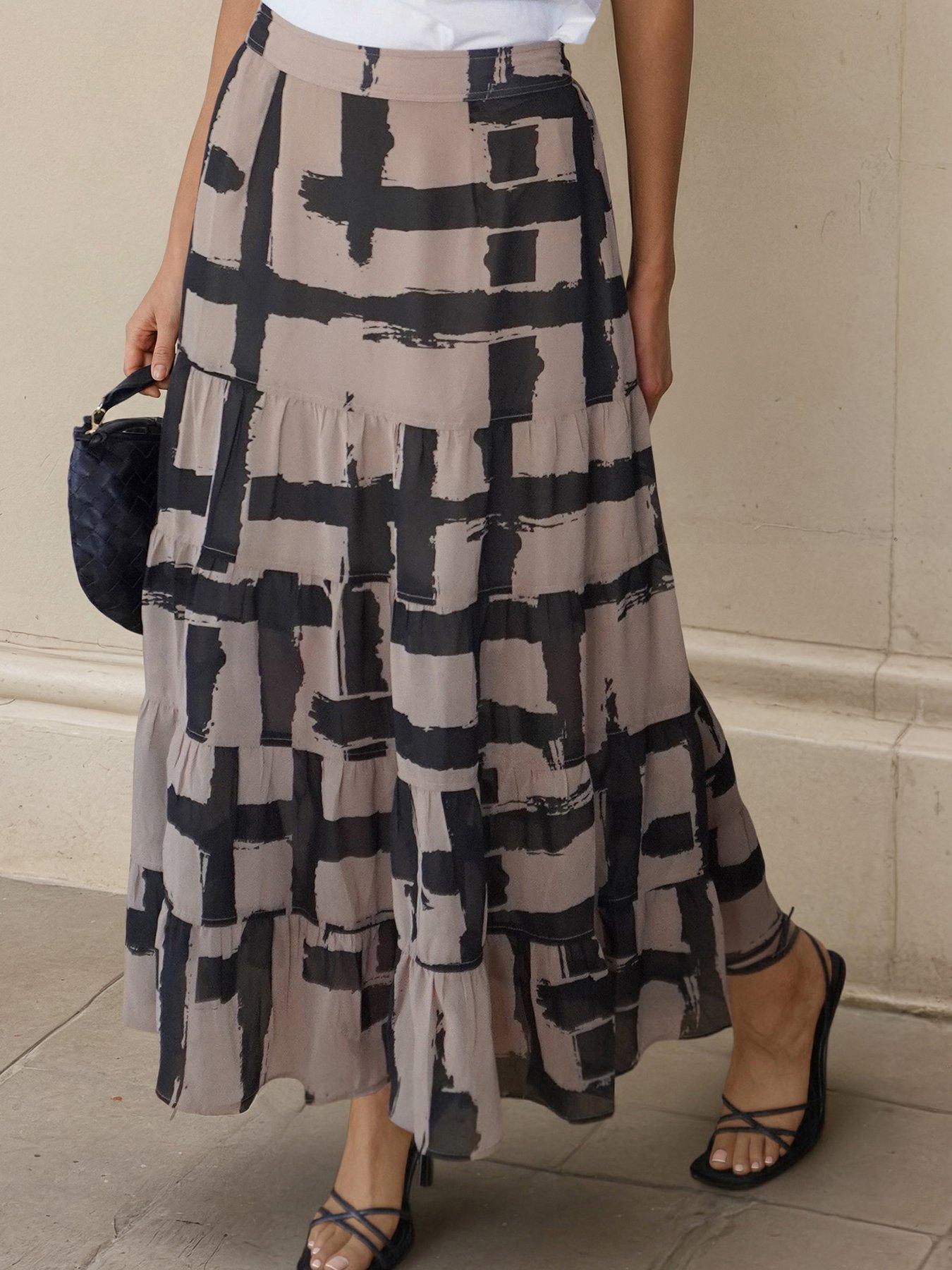 Religion Abstract Selvage Print Coco Brown Tiered Citrine Maxi Skirt