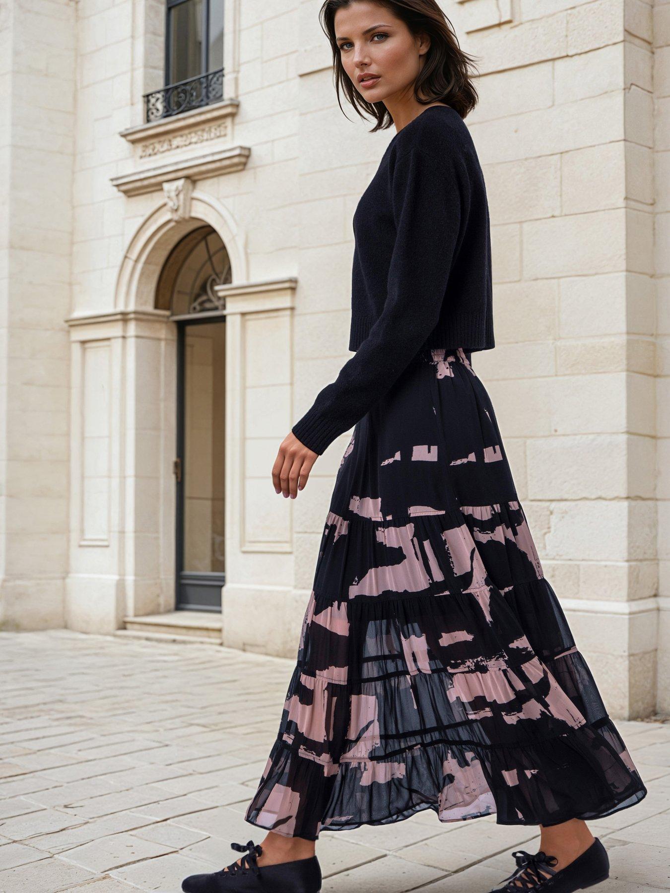 Religion Abstract Facade Print Ashes Pink Tiered Citrine Maxi Skirt
