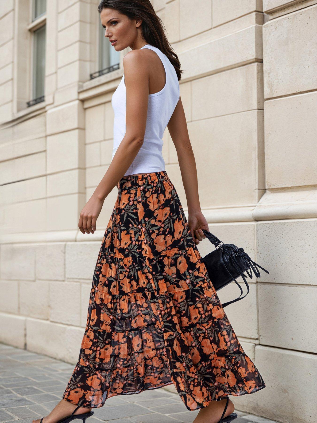 Religion Floral Prime Print Orange Citrine Maxi Skirt