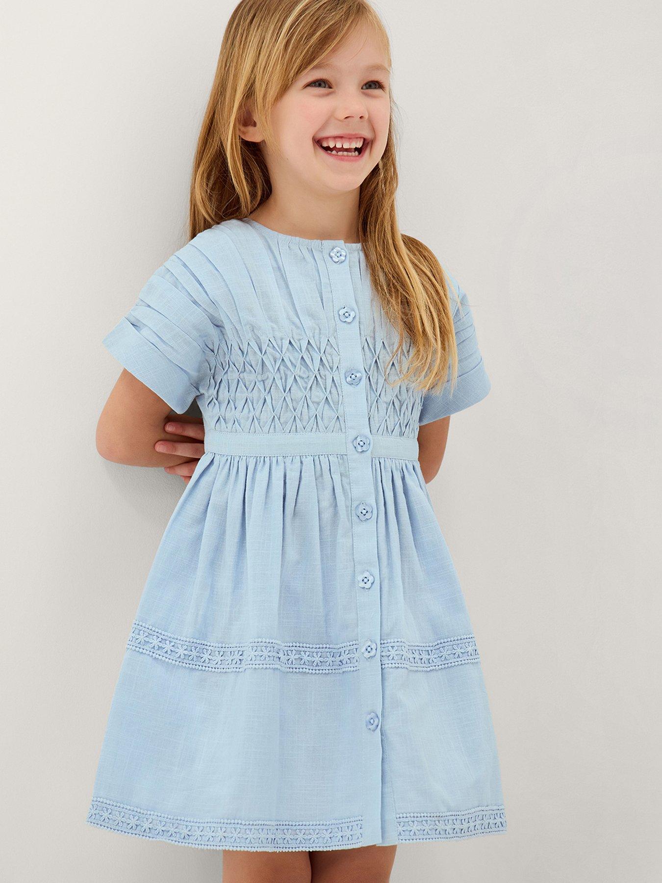 Monsoon Girls Smocked Button Through Dress - Blue