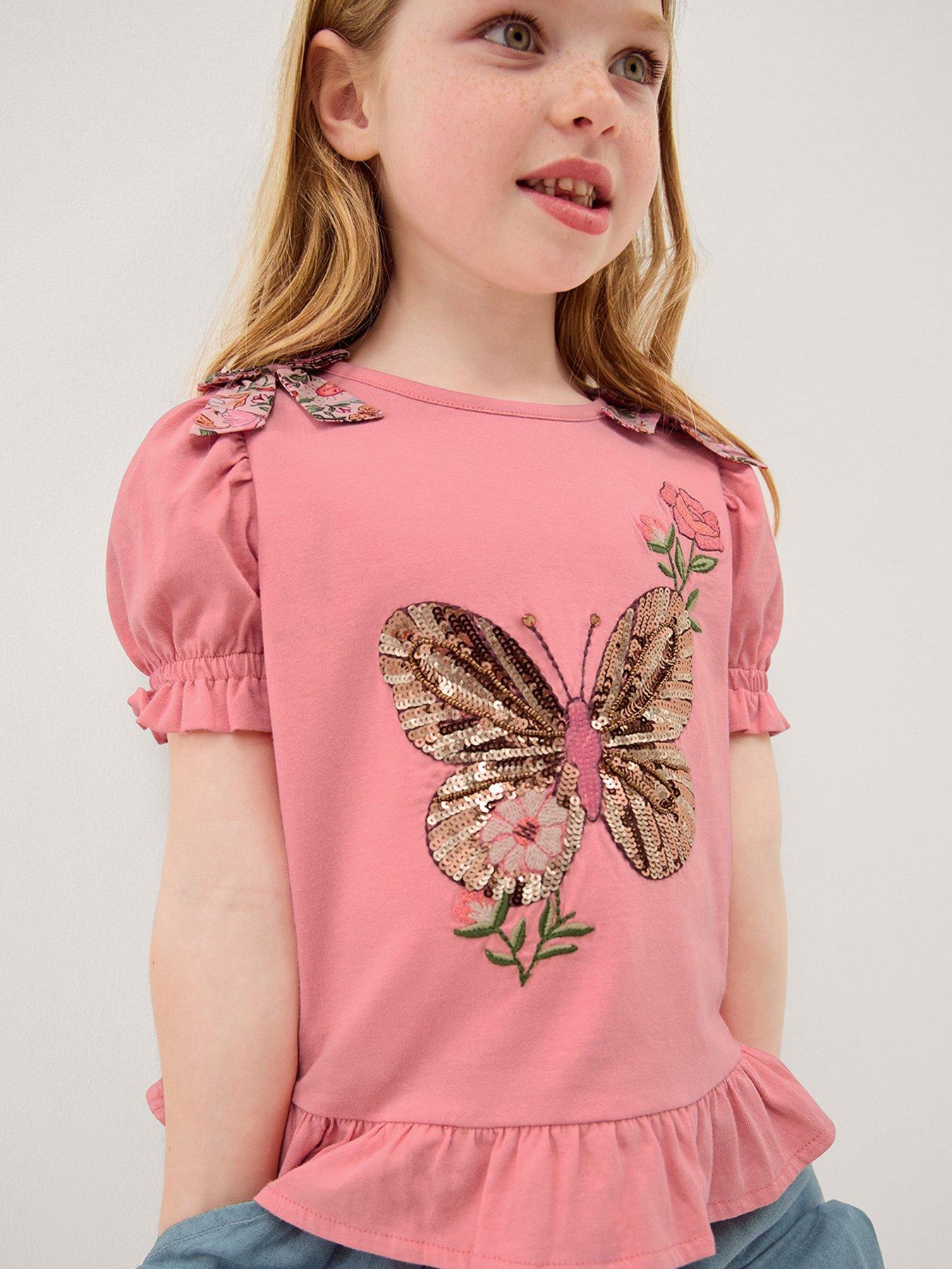 Monsoon Girls Short Sleeve Peplum Beaded Butterfly Tshirt - Pink
