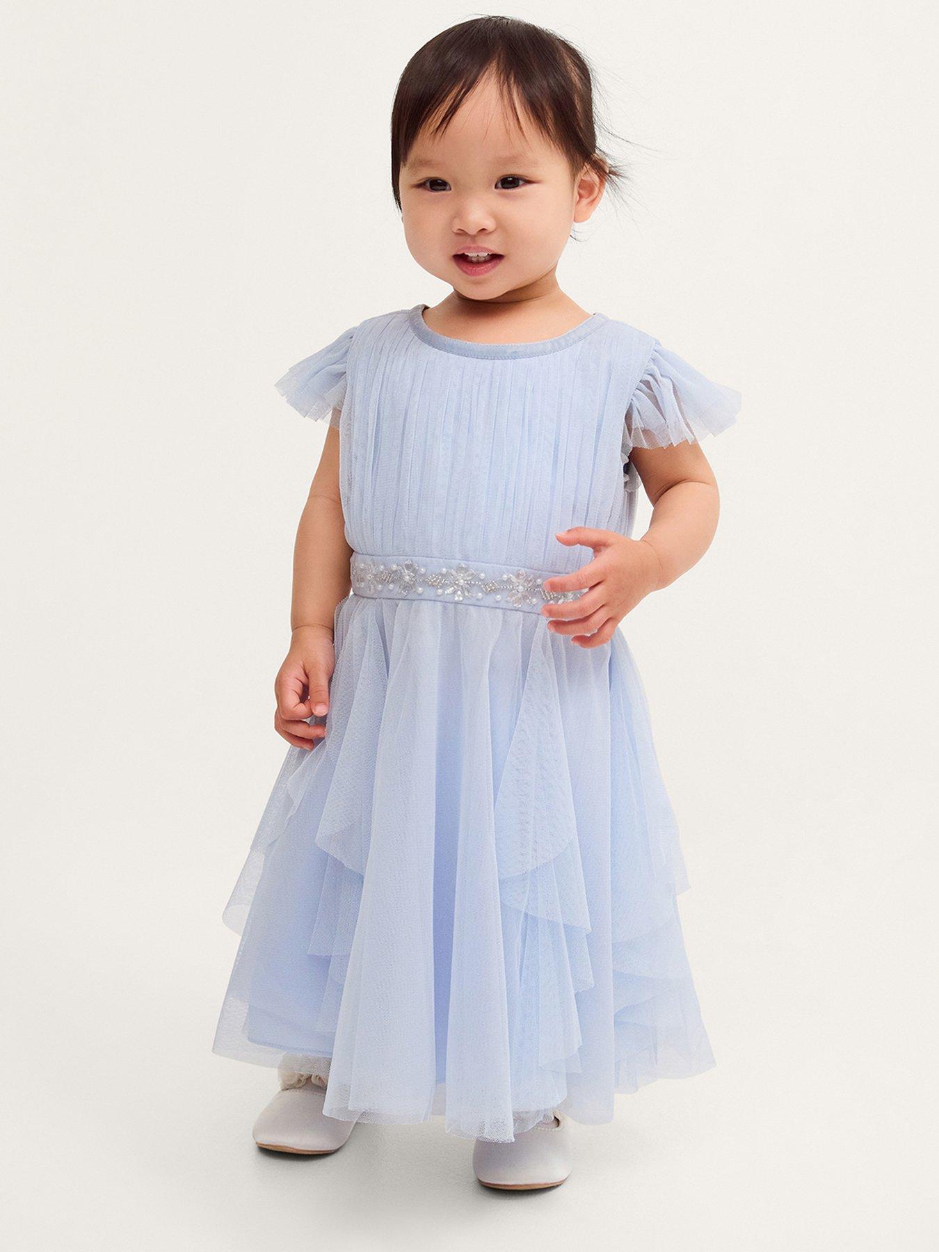 Image 1 of 4 of Monsoon Baby Girls Pennie Waterfall Skirt Dress - Pale Blue - Light Blue