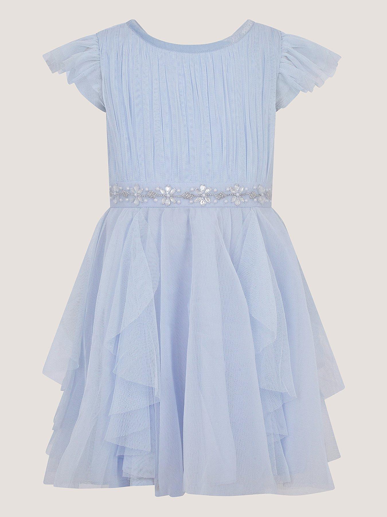 Image 2 of 4 of Monsoon Baby Girls Pennie Waterfall Skirt Dress - Pale Blue - Light Blue