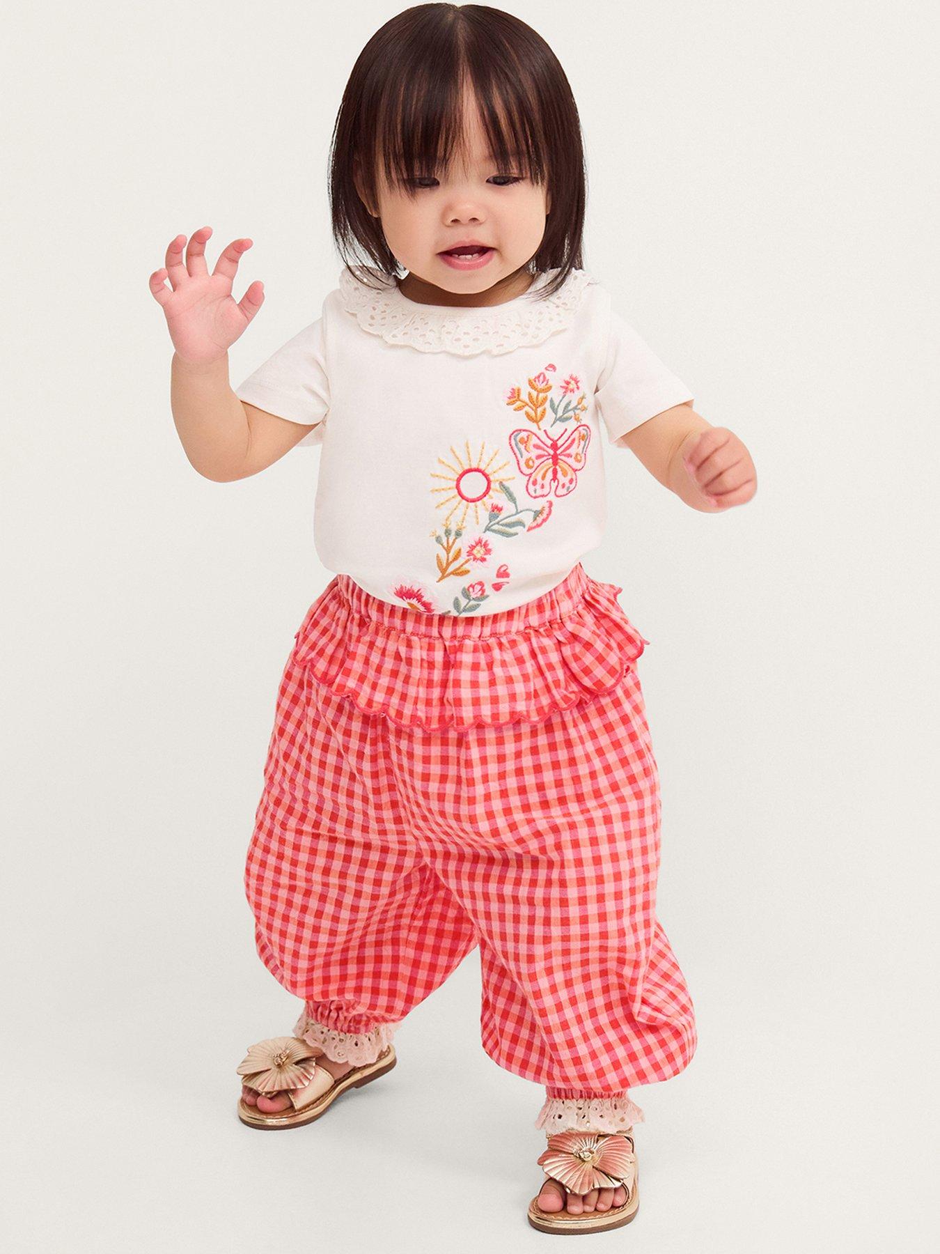 Monsoon Baby Girls Embroidered Top  &  Gingham Trousers - Pink