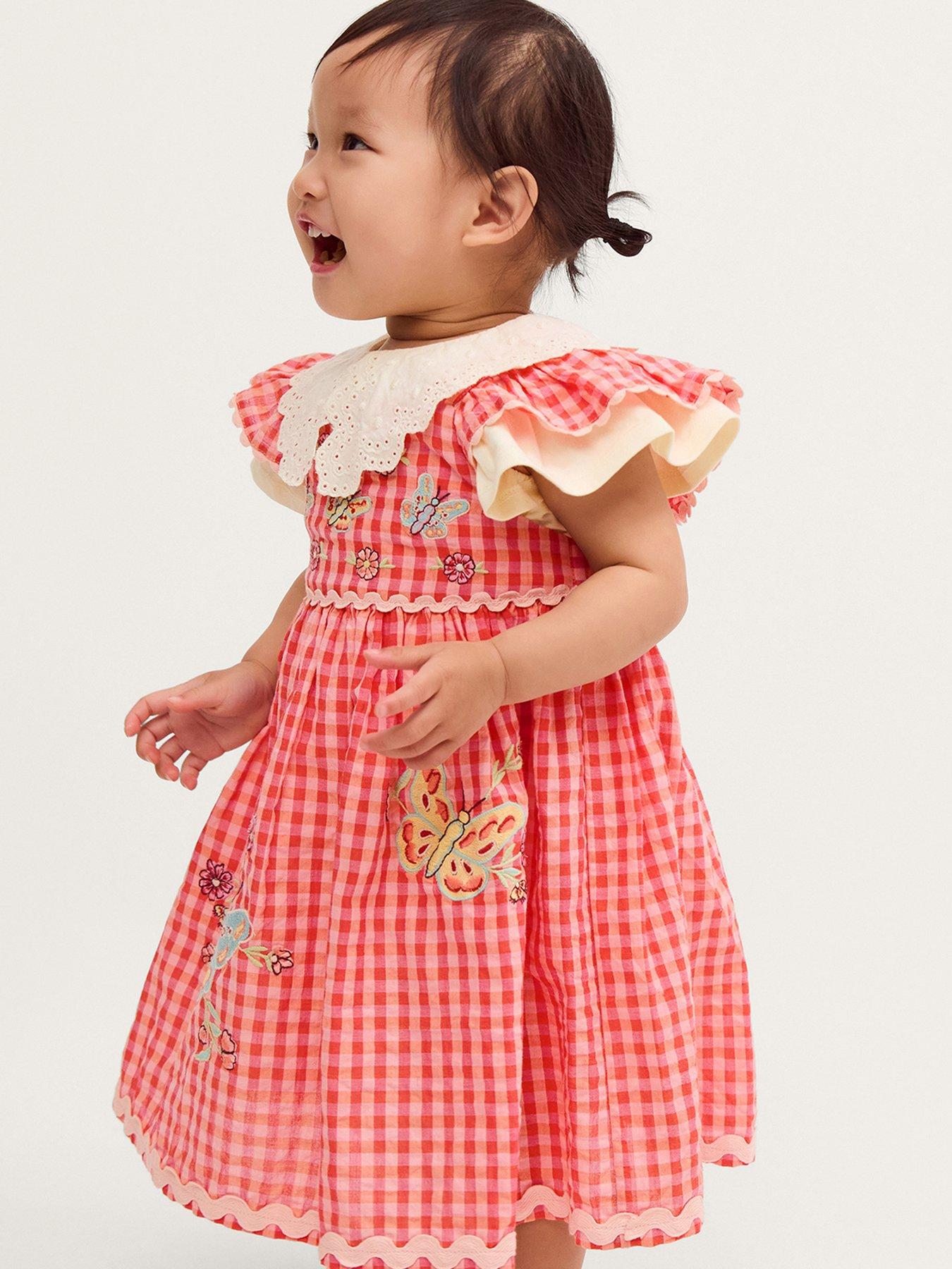 Monsoon Baby Girls Gingham Butterfly Pinny Dress Set - Pink